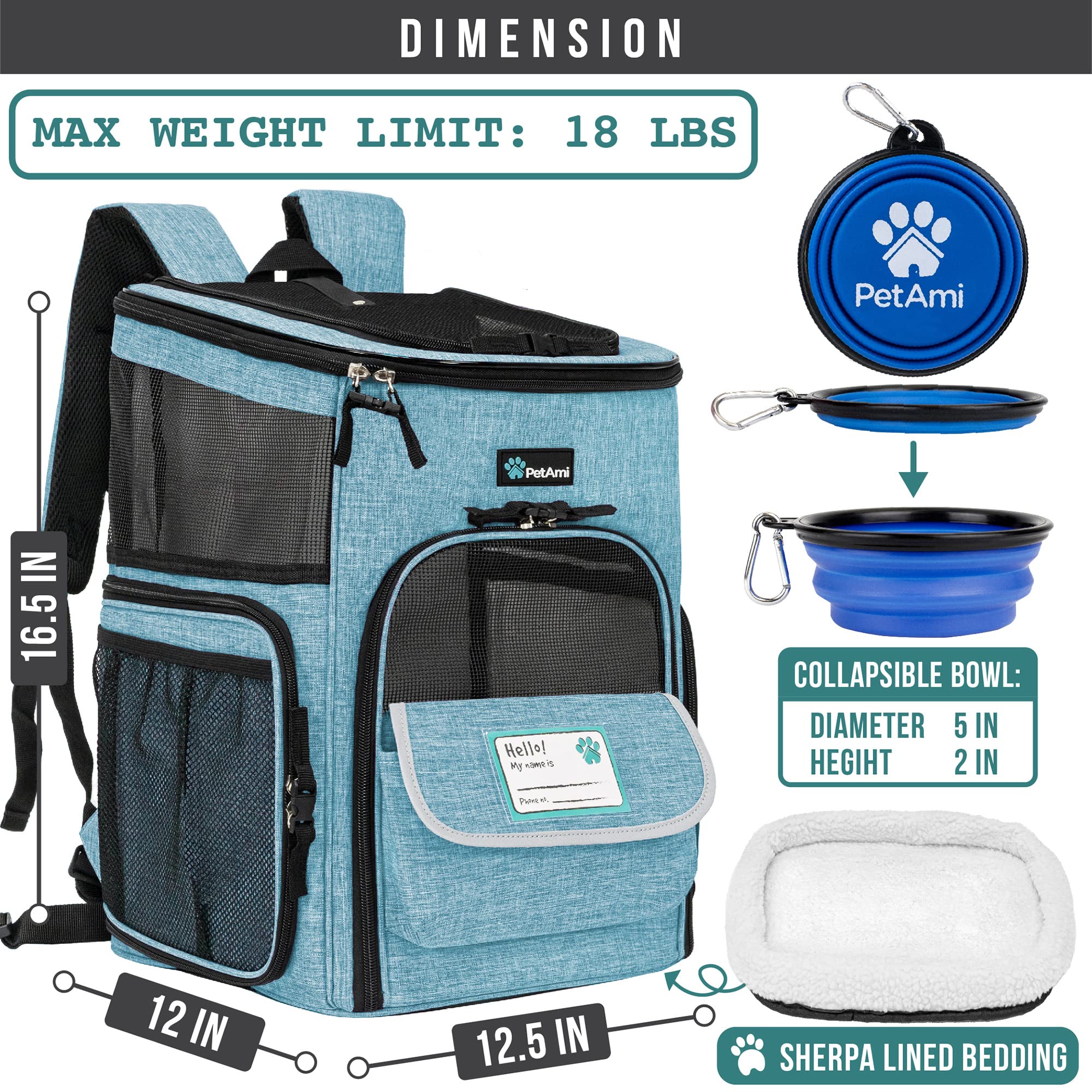Petami Dog Backpack Carrier, Airline Approved Cat Backpacks For Carrying Small Large Cats, Pet Carrier Back Pack, Ventilated Soft Sided Dog Cat Bookbag For Travel, Hiking, Camping, Turquoise