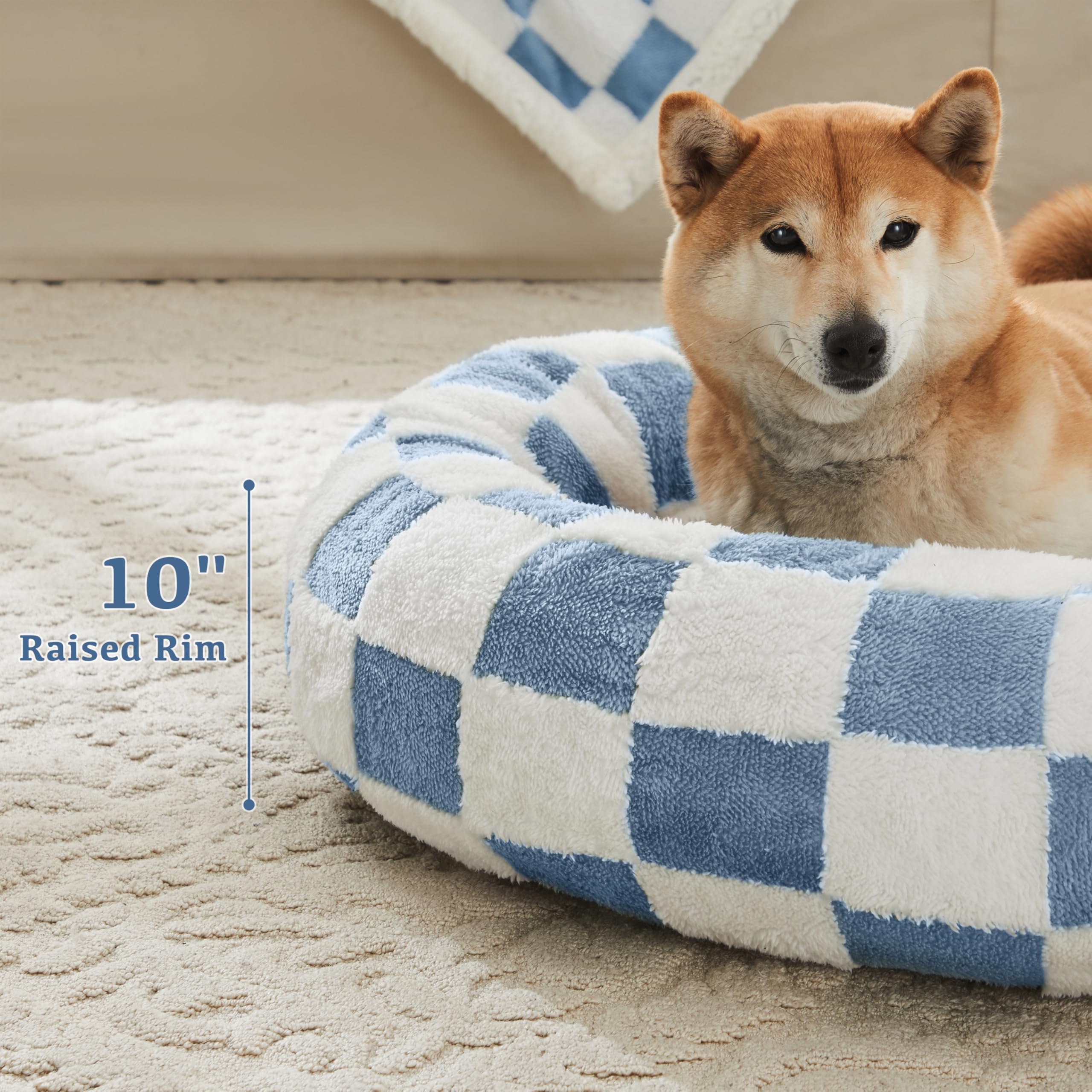 Ohocut Checkered Dog Bed, Cute Blue Retro Style Aesthetic Round Warming Pet Calming Beds For Small Dog And Cats, Plush Cozy Donu