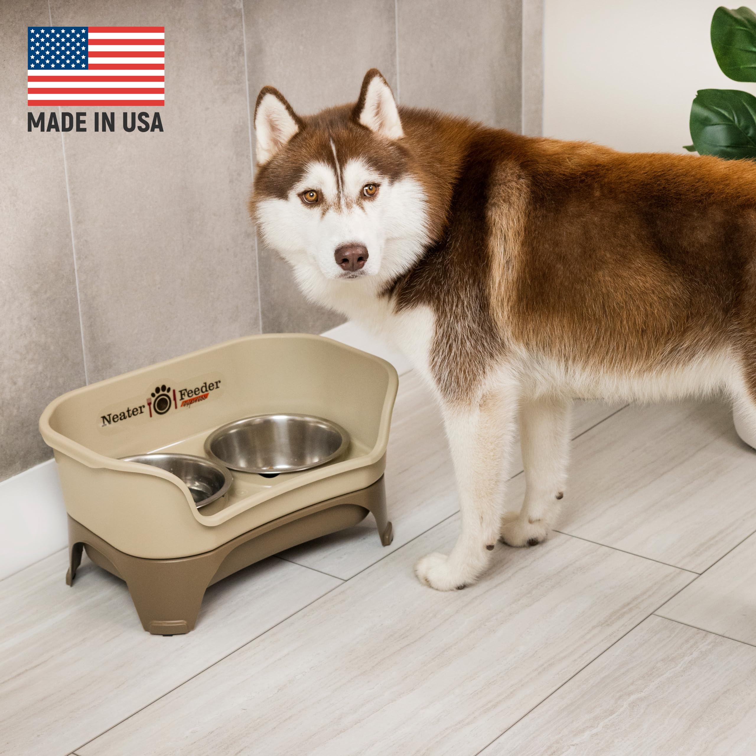 Neater Feeder - Express Model W/Slow Feed Bowl - Mess-Proof Dog Bowls (M/L, Cappuccino) Made In Usa -Elevated, No Spill, Non-Tip