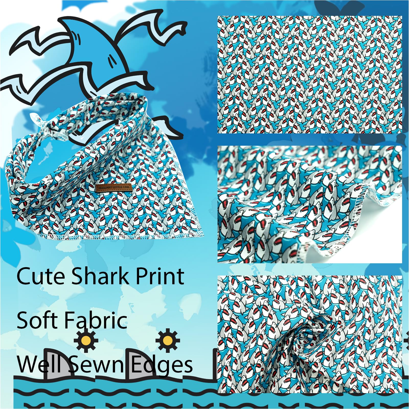 Elegant Little Tail Dog Bandanas - 1Pack Shark Print Cute Washable Summer Boy Scarf Square Bib Kerchief Adjustable Pet Bandana F