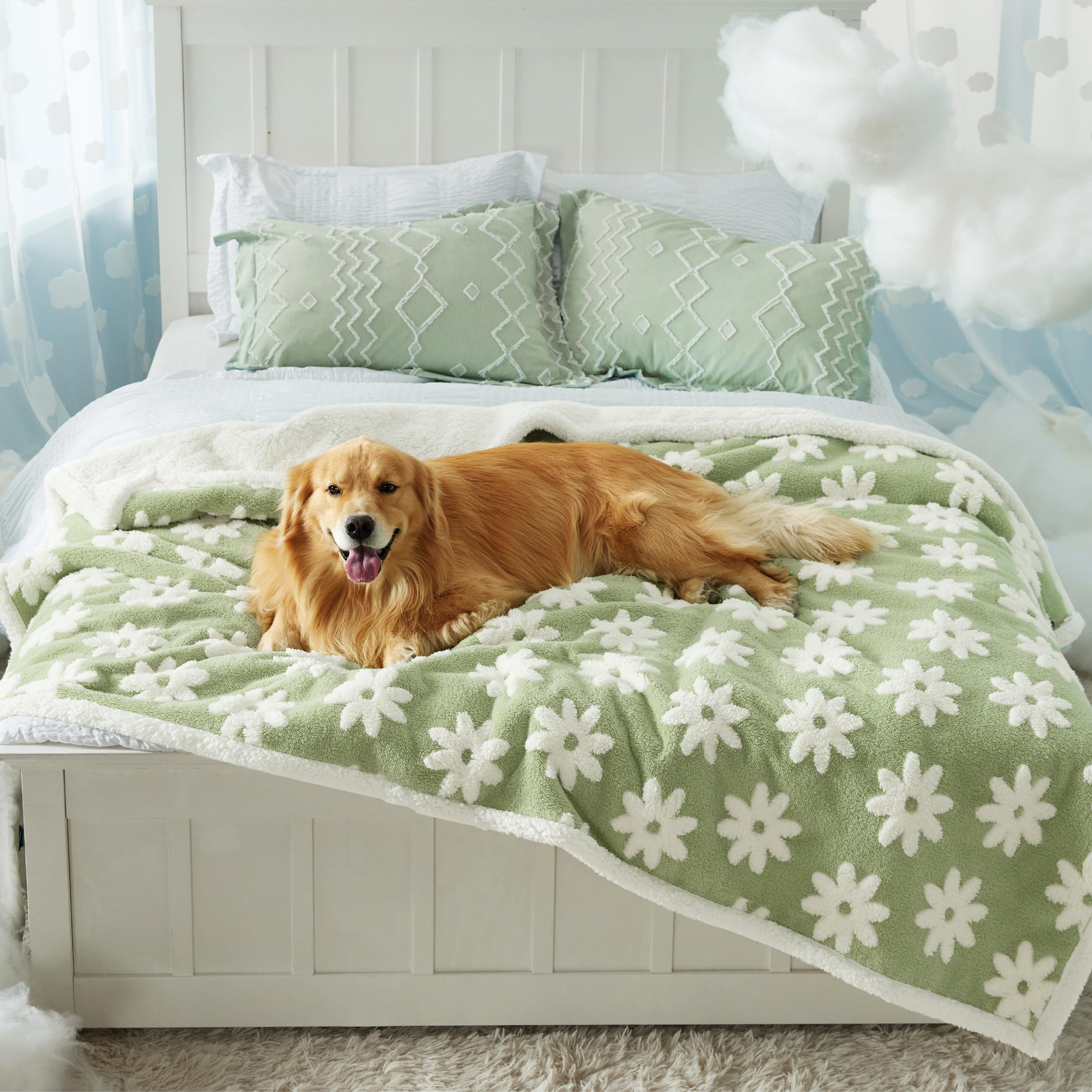 Lesure Waterproof Dog Blanket For Large Dogs - Washable Double Sided Dog Blankets With Warm Jacquard Shag And Soft Sherpa Fleece, Pet Cat Blanket For Bed Protection, 3D Textured Cloud, Green