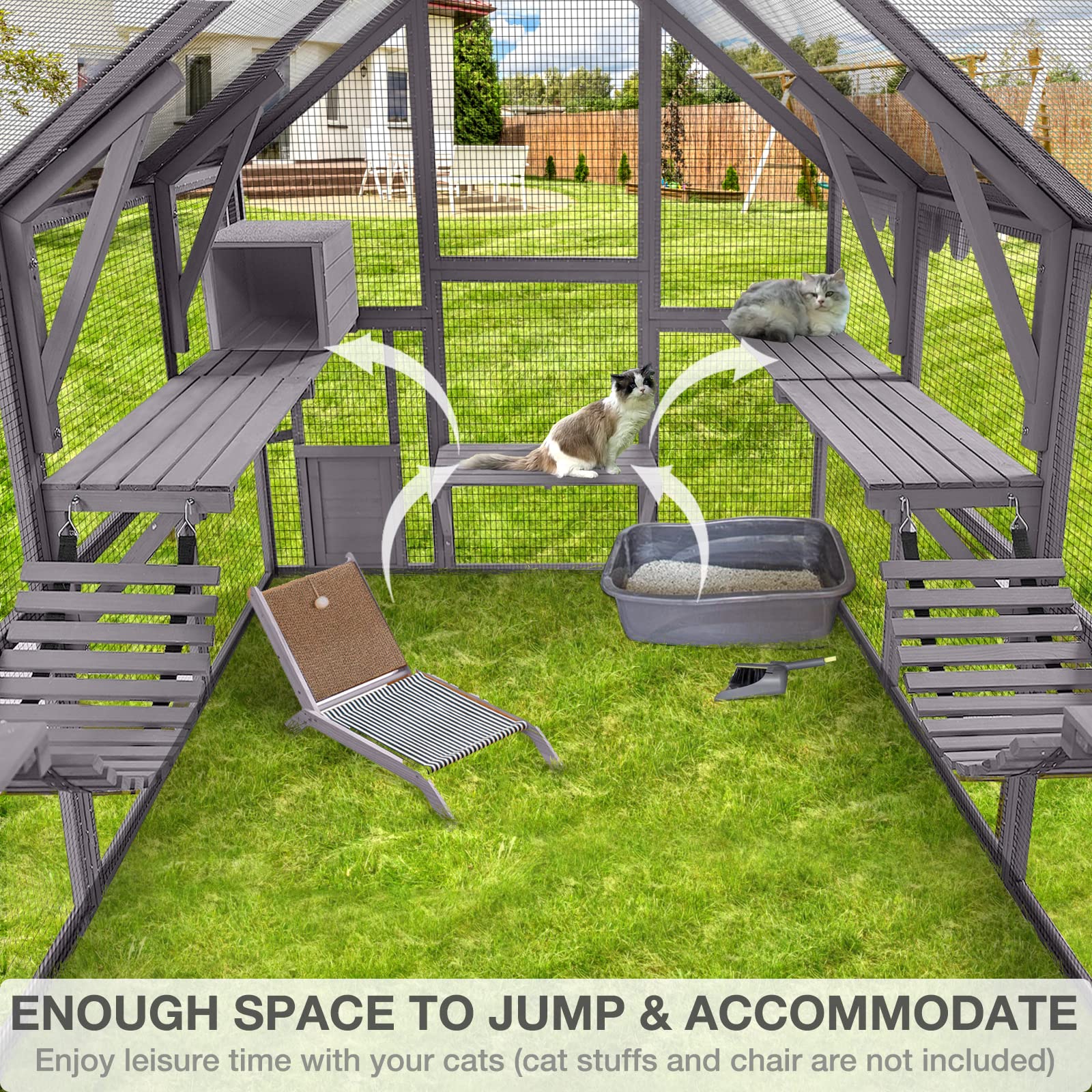 Medehoo Large Catio Outdoor Cat Enclosures Wooden Cat House With Sleeping Houses, Bridges, Walks, Uv Proof Cover 74'' H 110'' L