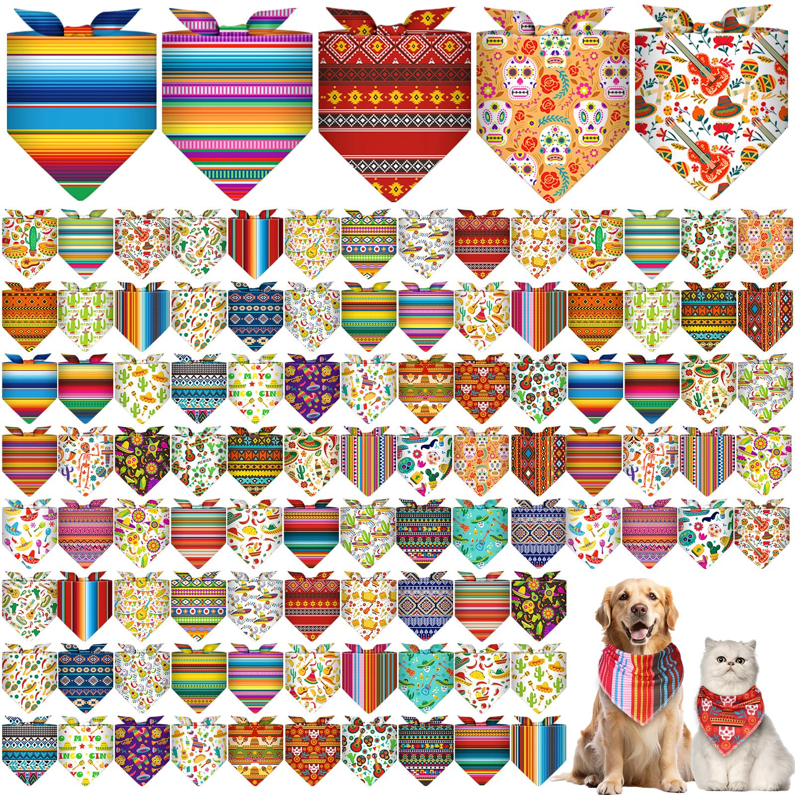 Paterr 100 Pieces Dog Bandanas Bulk Mexican Cinco De Mayo Pet Handkerchief Soft Dog Triangle Bibs Cute Adjustable Washable Pet S