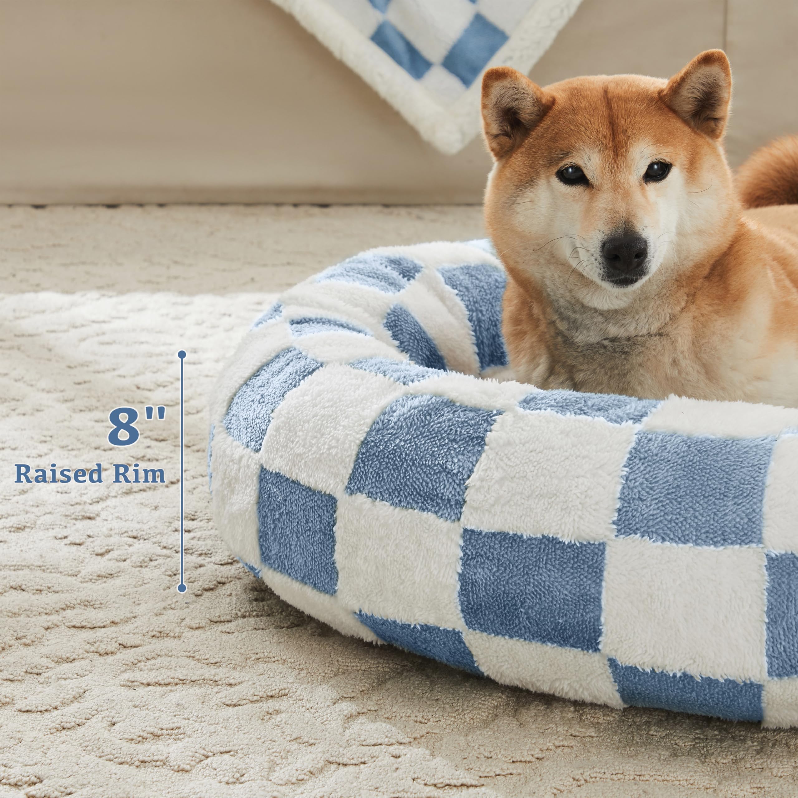 Ohocut Checkered Cat Dog Bed, Cute Blue Retro Style Aesthetic Round Warming Pet Calming Beds For Small Dog And Cats, Plush Cozy