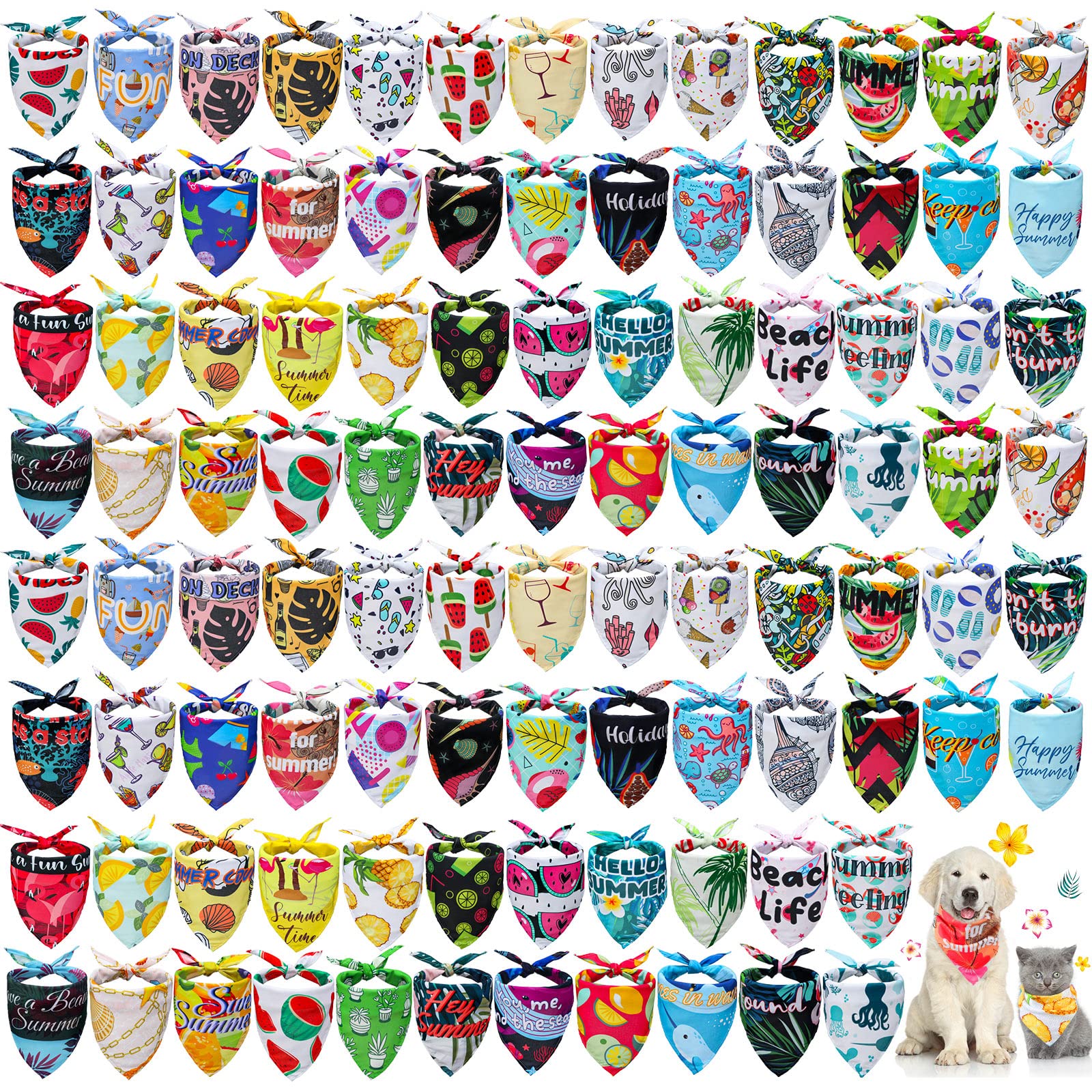 Kacctyen 100 Pcs Pet Summer Bandanas Bulk Hawaiian Dog Scarf Puppy Bibs Seasonal Dog Accessaries Adjustable Cat Outfit Cute Wash