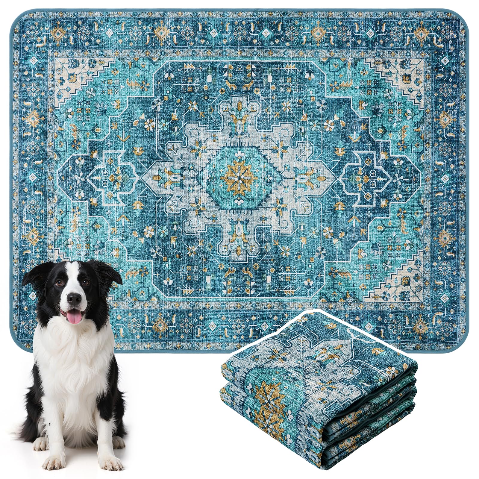 HAOCOO Washable Pee Pads for Dogs, (2 Pack) 3Ft x 4Ft Non-Slip Reusable Puppy Training Pads with Waterproof, Blue Super Absorben