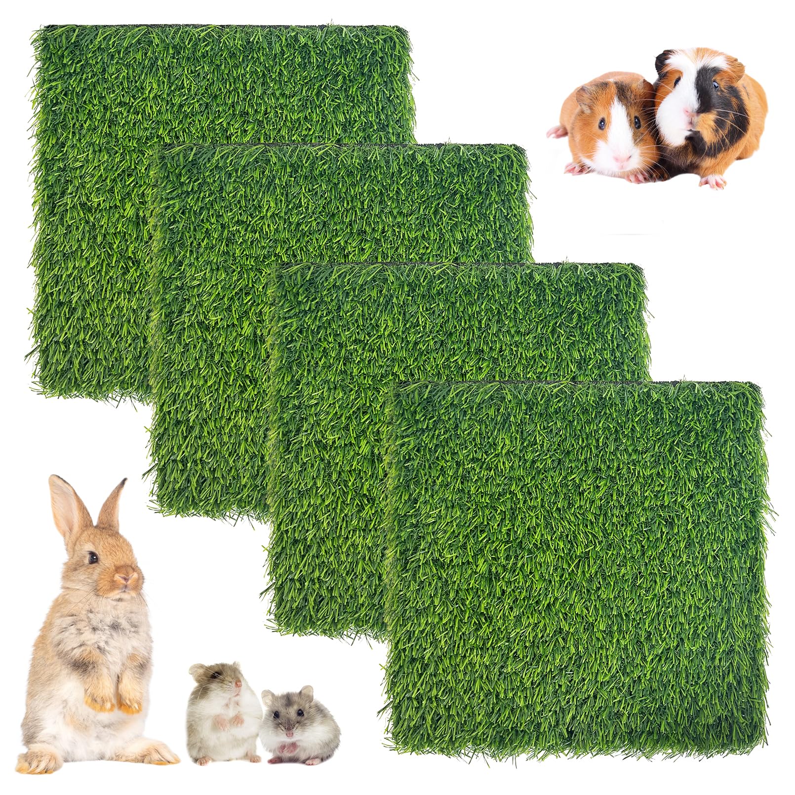Hamiledyi 4 Pcs Artificial Rabbit Grass Mats Reusable Guinea Pig Pee Pads 11.8'' X 11.8'' Washable Turf Fake Grass Plastic Bunny