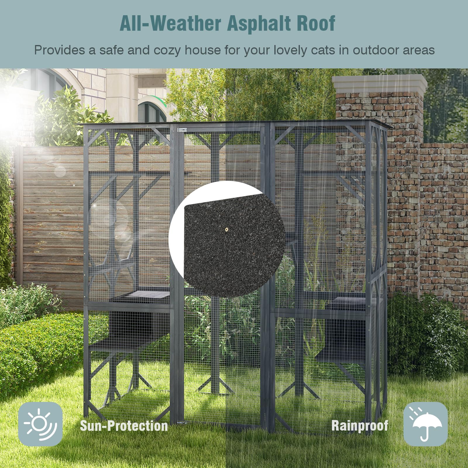 Petsite Large Wooden Cat House, 71 Inch Tall Outdoor Catio Kitten Enclosure W/Weatherproof Asphalt Roof, Walk-In Cat Kennel Cond