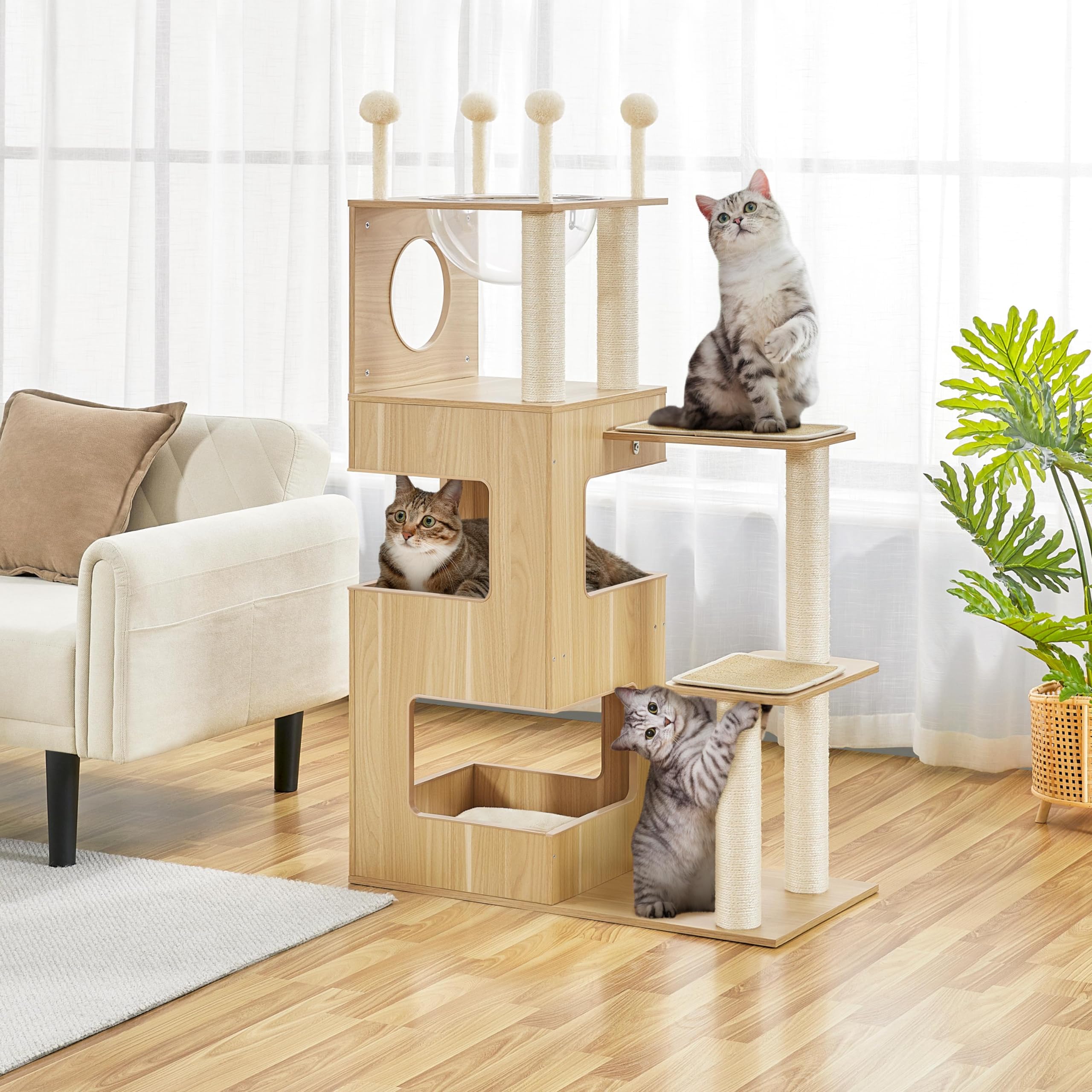 Yaheetech Wooden Cat Tree, 53In Modern Cat Tower For Indoor Cats With Scratching Posts Washable Detachable Cushion, Clear Bowl &