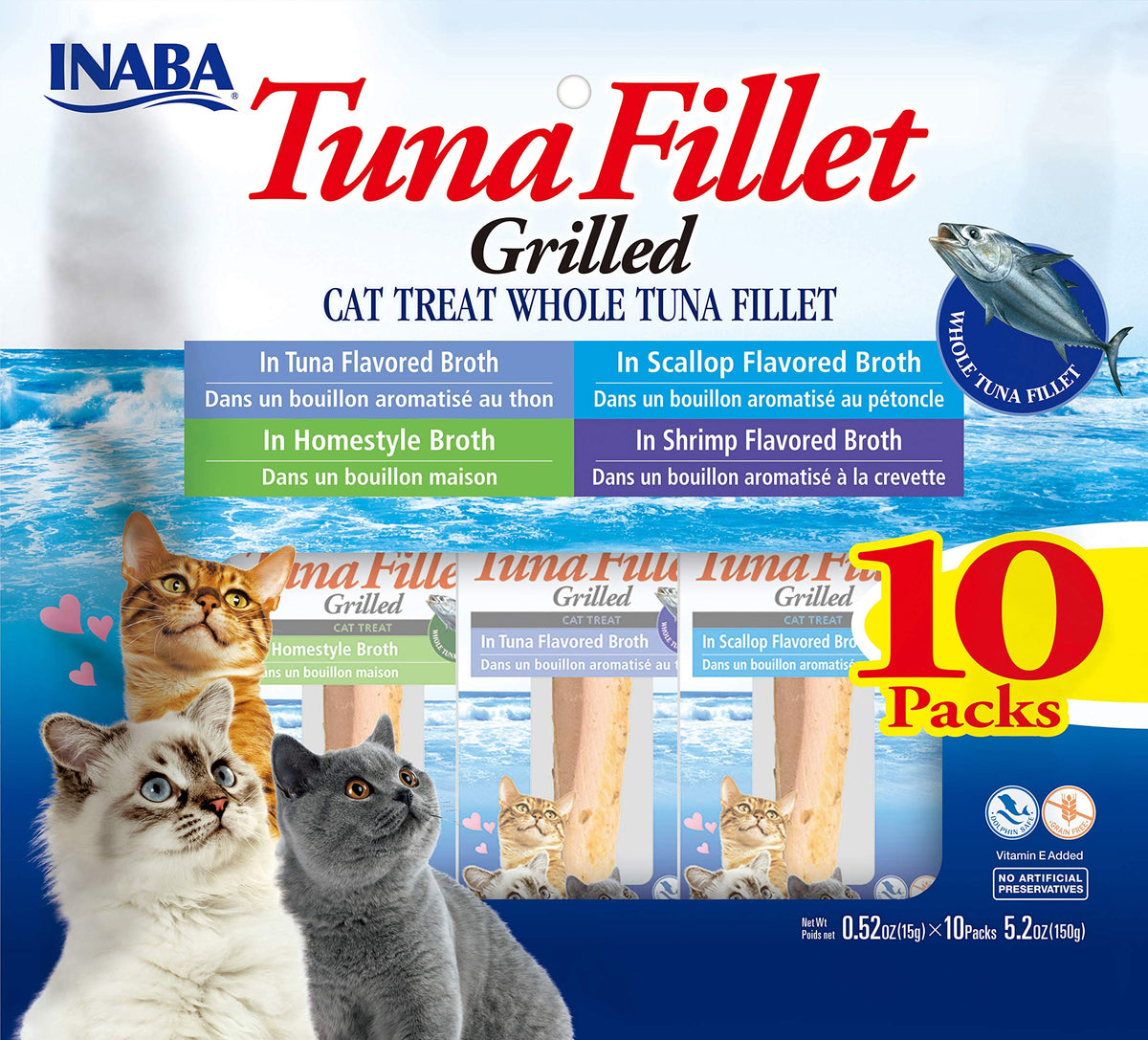 Inaba Natural, Premium Hand-Cut Grilled Tuna Fillet Cat Treats/Topper/Complement With Vitamin E And Green Tea Extract, 0.52 Ounces Each, Pack Of 10, Variety Pack