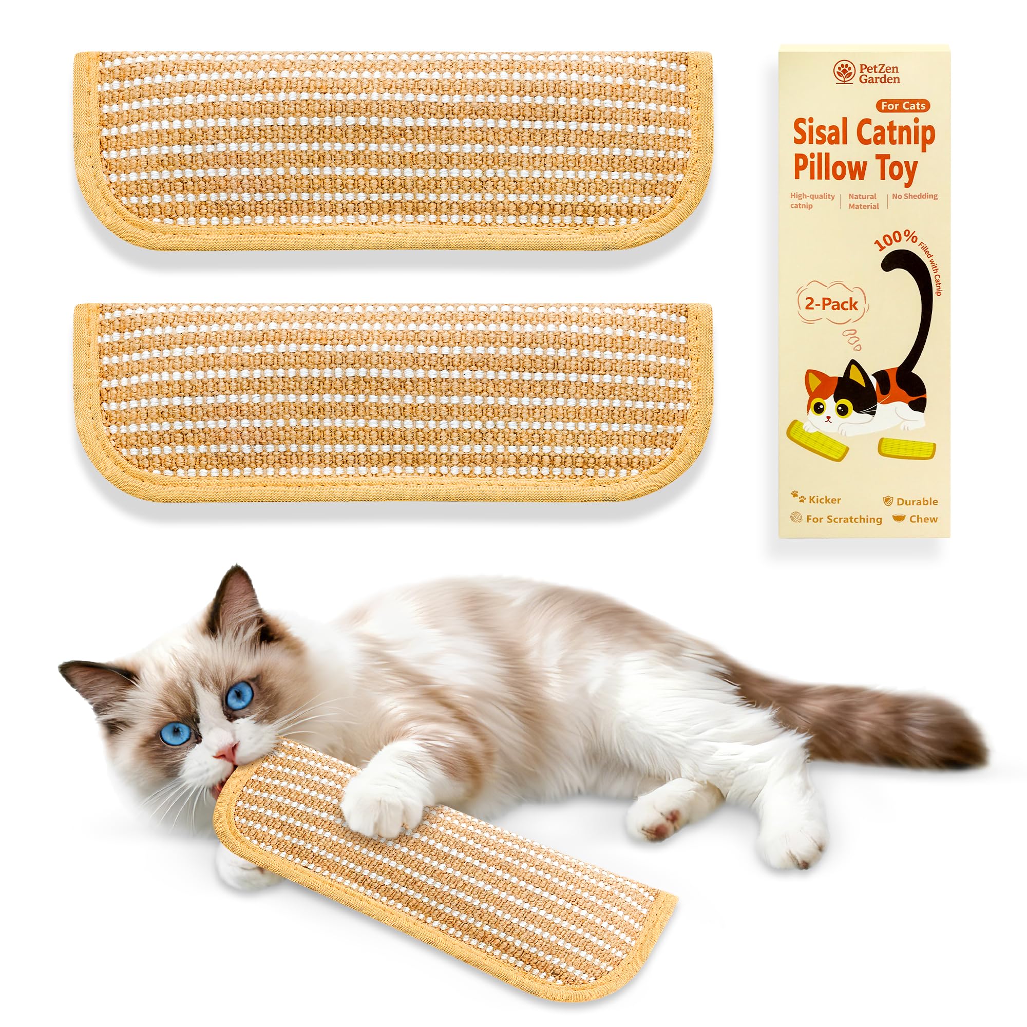 PetZen Garden Sisal Catnip Pillow Toy Kickers, 2 Pack Interactive Catnip Toys with Organic 8000mg Herbal Blend for Indoor Scratc