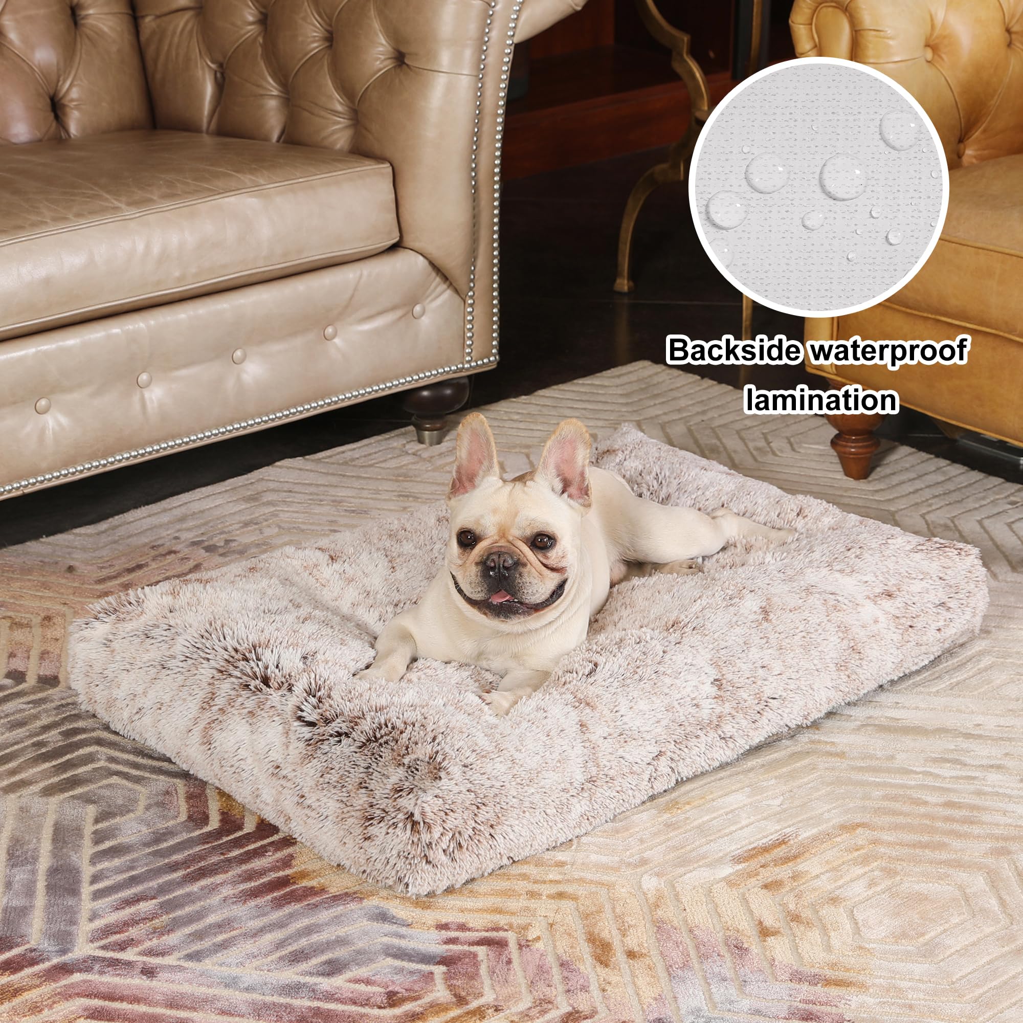 Bedfolks Plush Waterproof Dog Crate Bed, Faux Fur Kennel Pad, 35''X23'', Brown