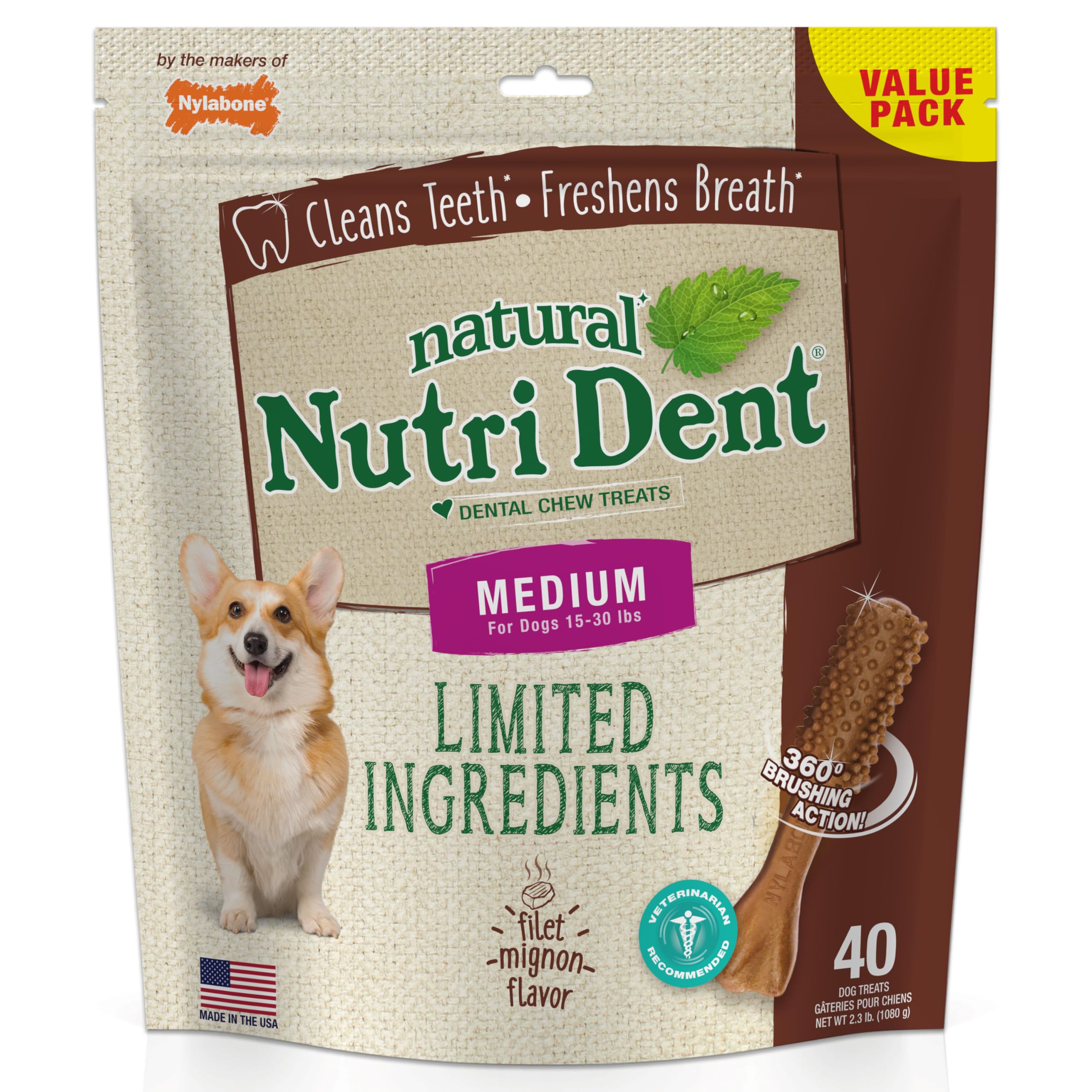 Nylabone Nutri Dent Dog Dental Chews, Natural Teeth Cleaning Dental Treats & Breath Freshener for Dogs, Filet Mignon Flavor, Med