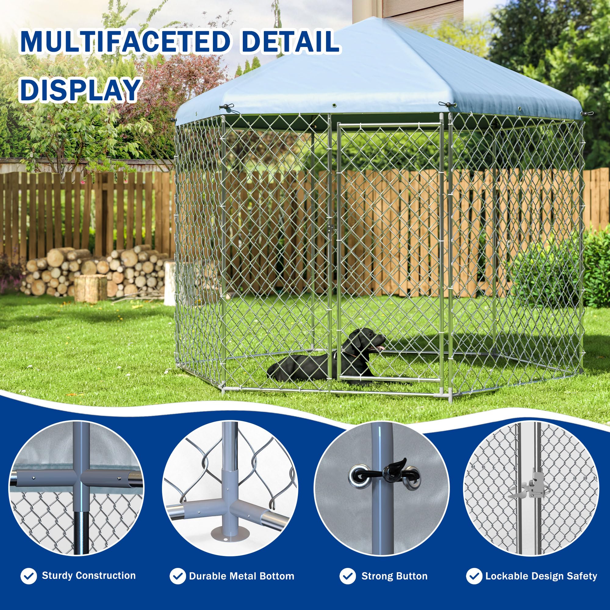 Polar Aurora Outdoor Dog Kennel With Roof,Large Dog Kennel Outside With Metal Gate,Heavy Duty Chain Link Dog Kennel With Secure