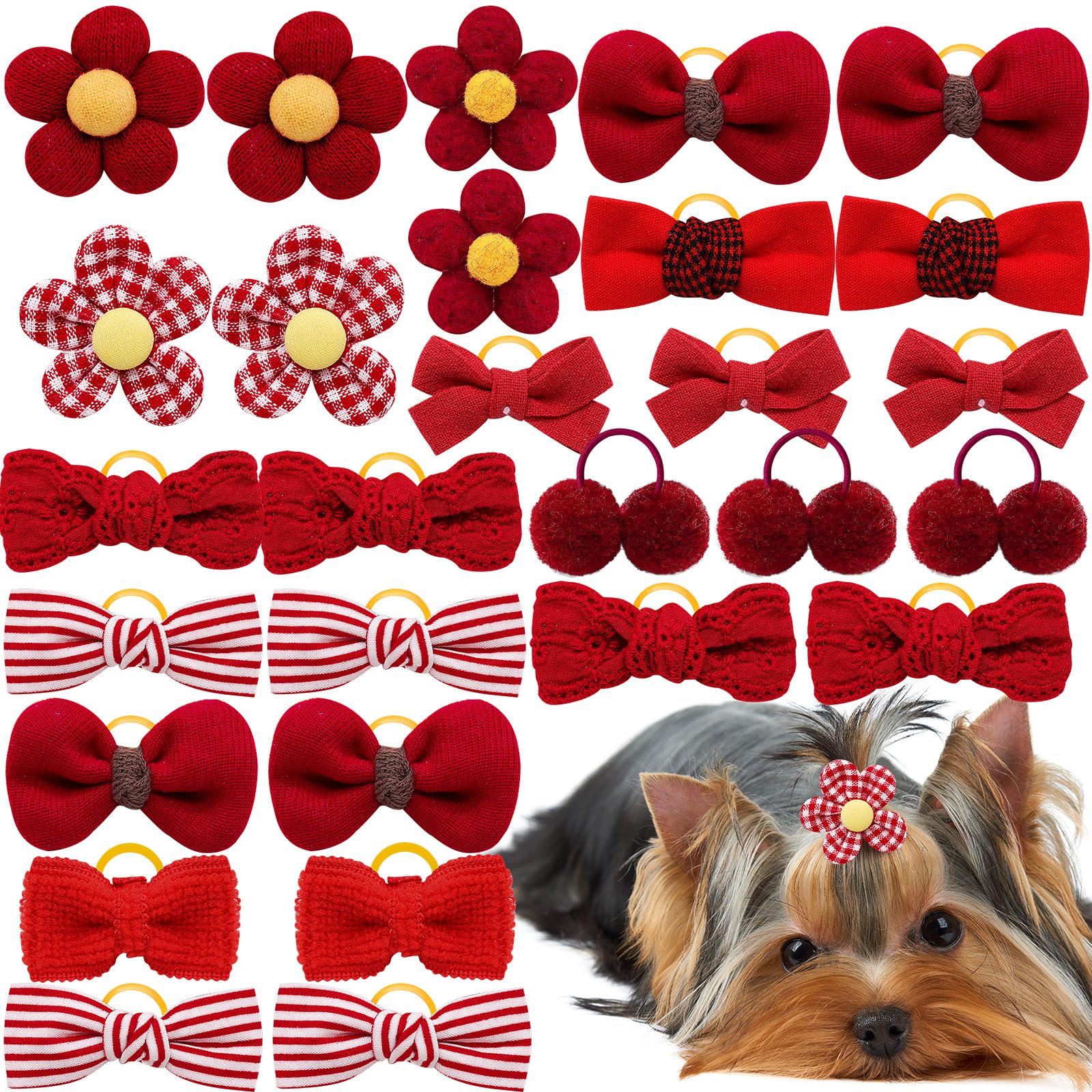 Mruq Pet 20Pc Red Small Dog Hair Bows With Rubber Bands, Bulk Puppy Dog Hair Bows, Mix Handmade Cute Dog Gooming Flower Ball Bow