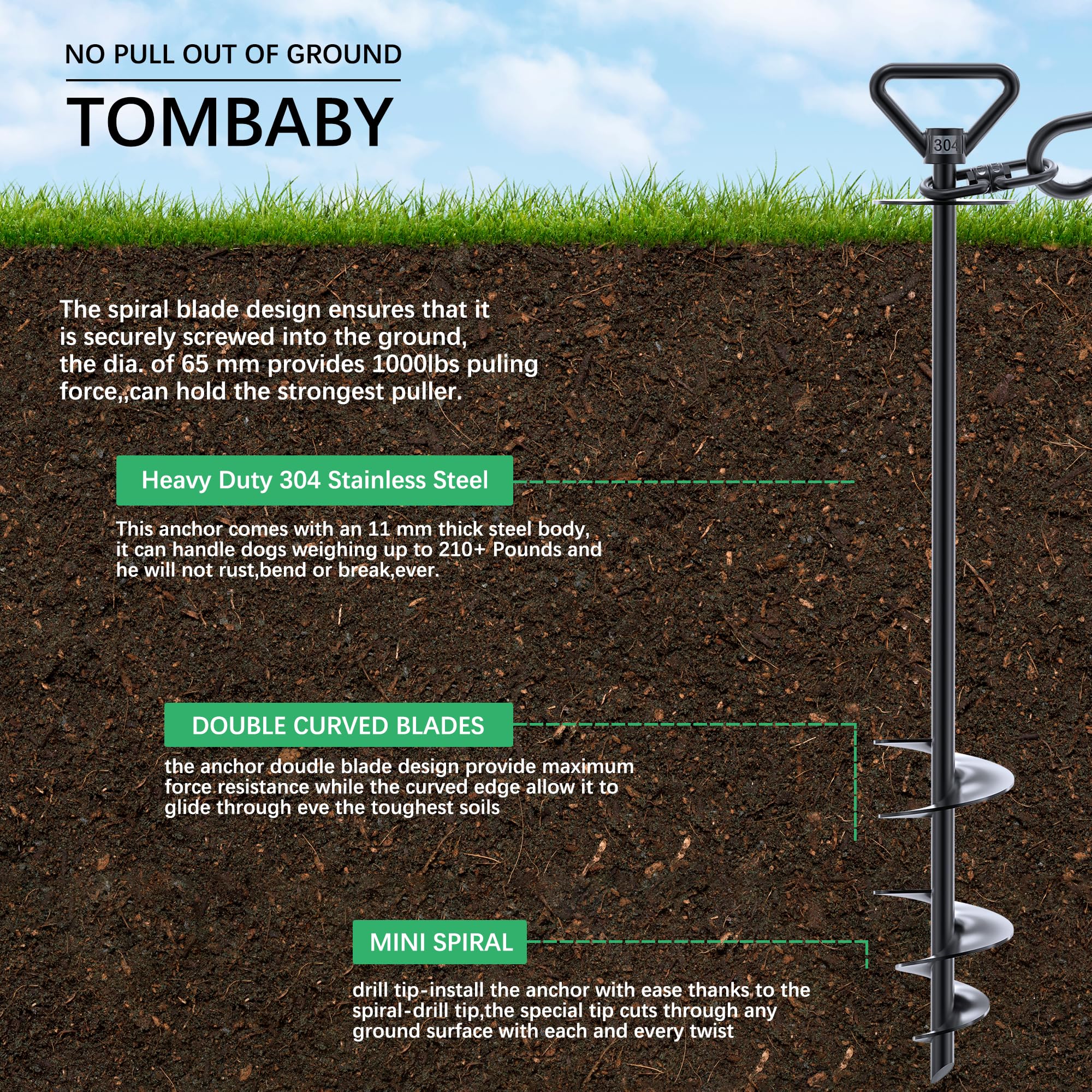 Tombaby Dog Tie Out Stake-Heavy Duty 304 Stainless Steel Dog Anchor, 360 Swivel Yard Stake For Dogs,Use Any For To 210 Lbs Dogs-