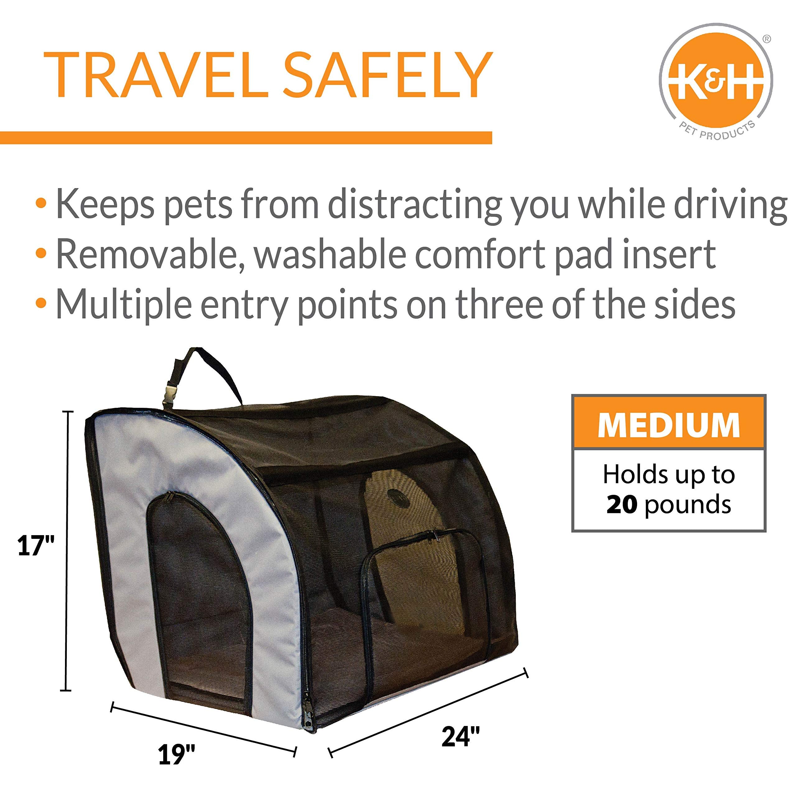 K&H Pet Products Travel Safety Carrier For Pets, Dog Crate For Car Travel, Dog Soft-Sided Carrier For Medium Dogs, Portable Car Seat Kennel, Gray/Black Medium 24 X 19 X 17 Inches