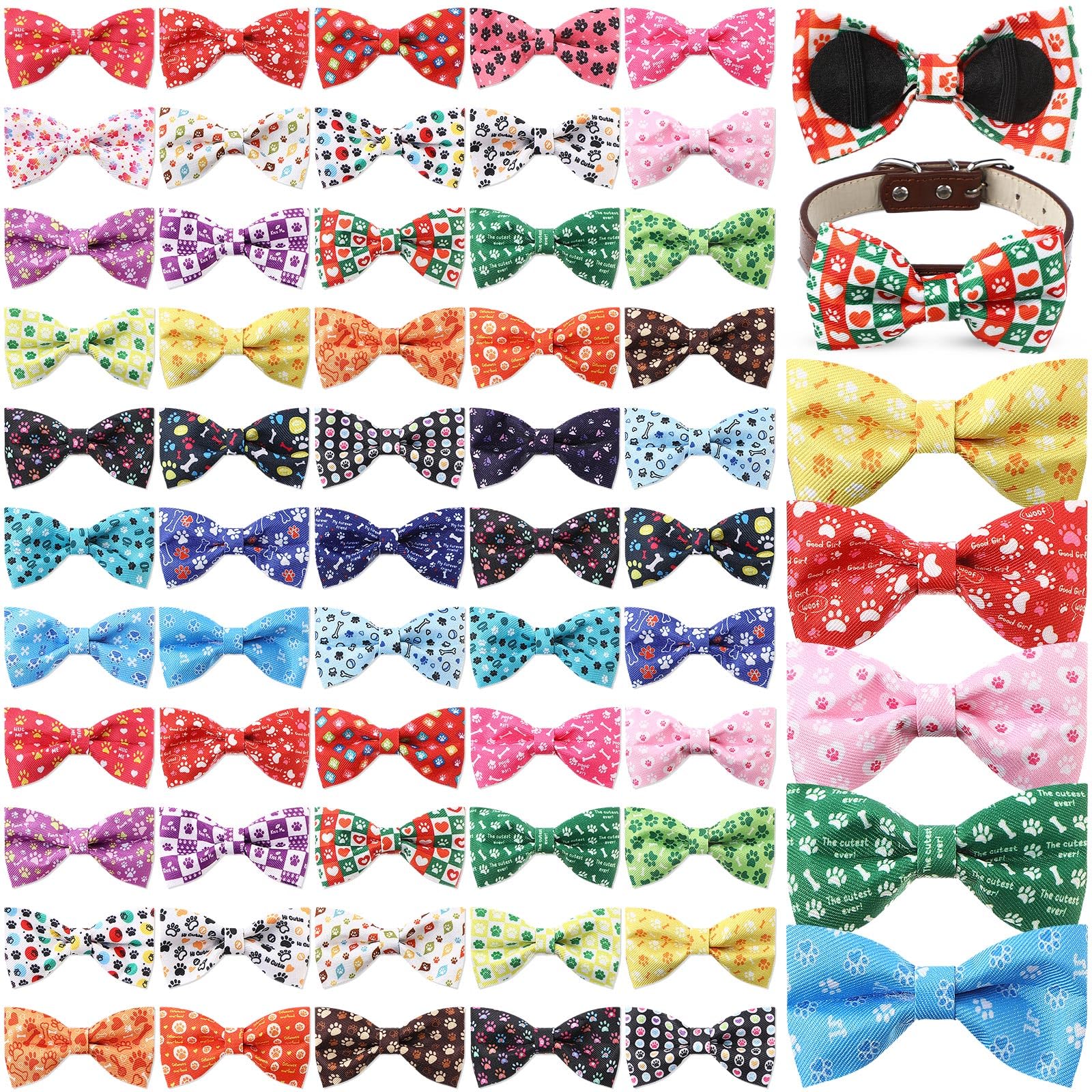 Cosblank 60 Pcs Paw Bone Print Dog Collar Bow Ties Bulk Dog Grooming Supplies Bowtie Accessories Puppy Bows Detachable Collar Ch