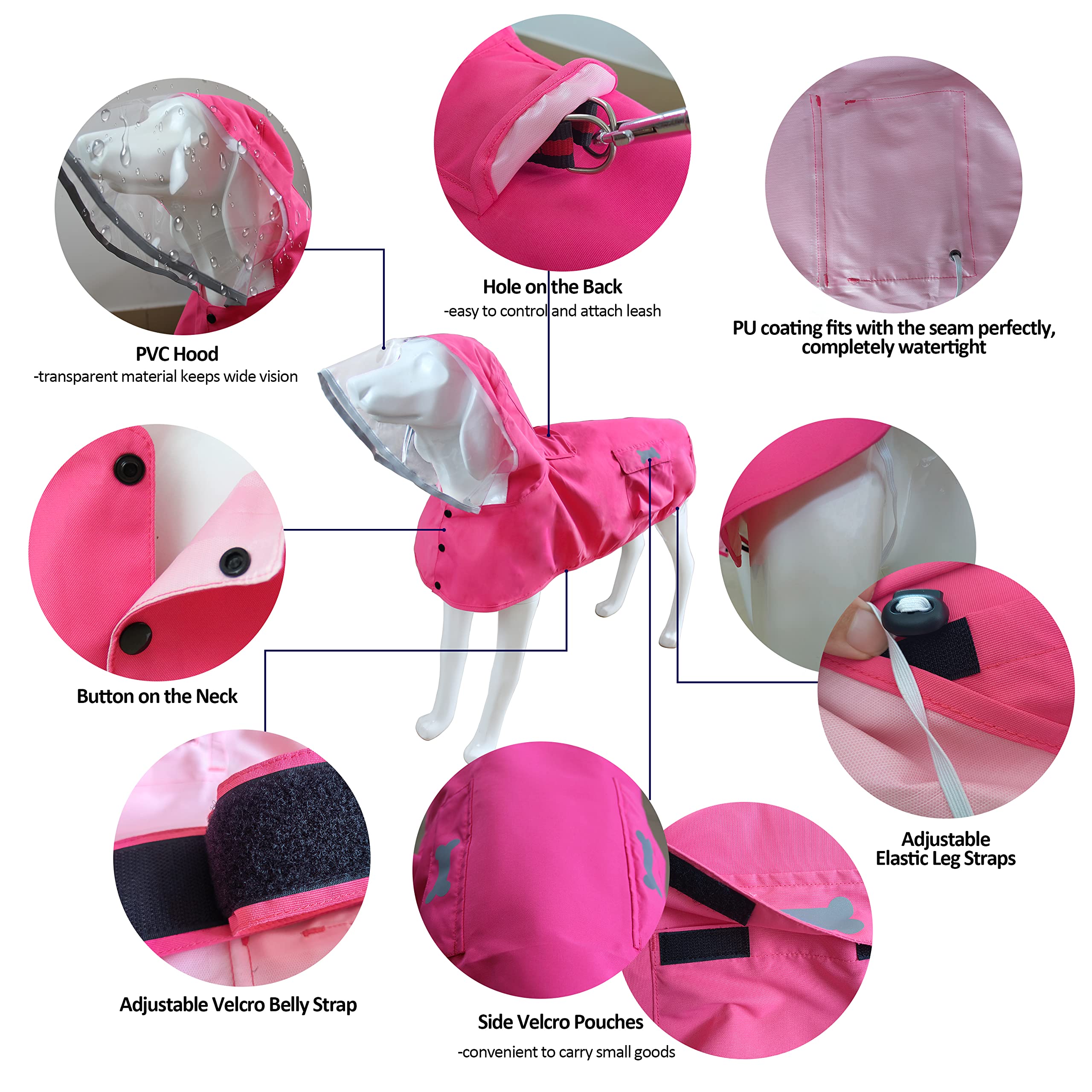 Waterproof Dog Raincoat, Adjustable Reflective Lightweight Pet Rain Clothes With Poncho Hood (Xx-Large, Dark Pink)