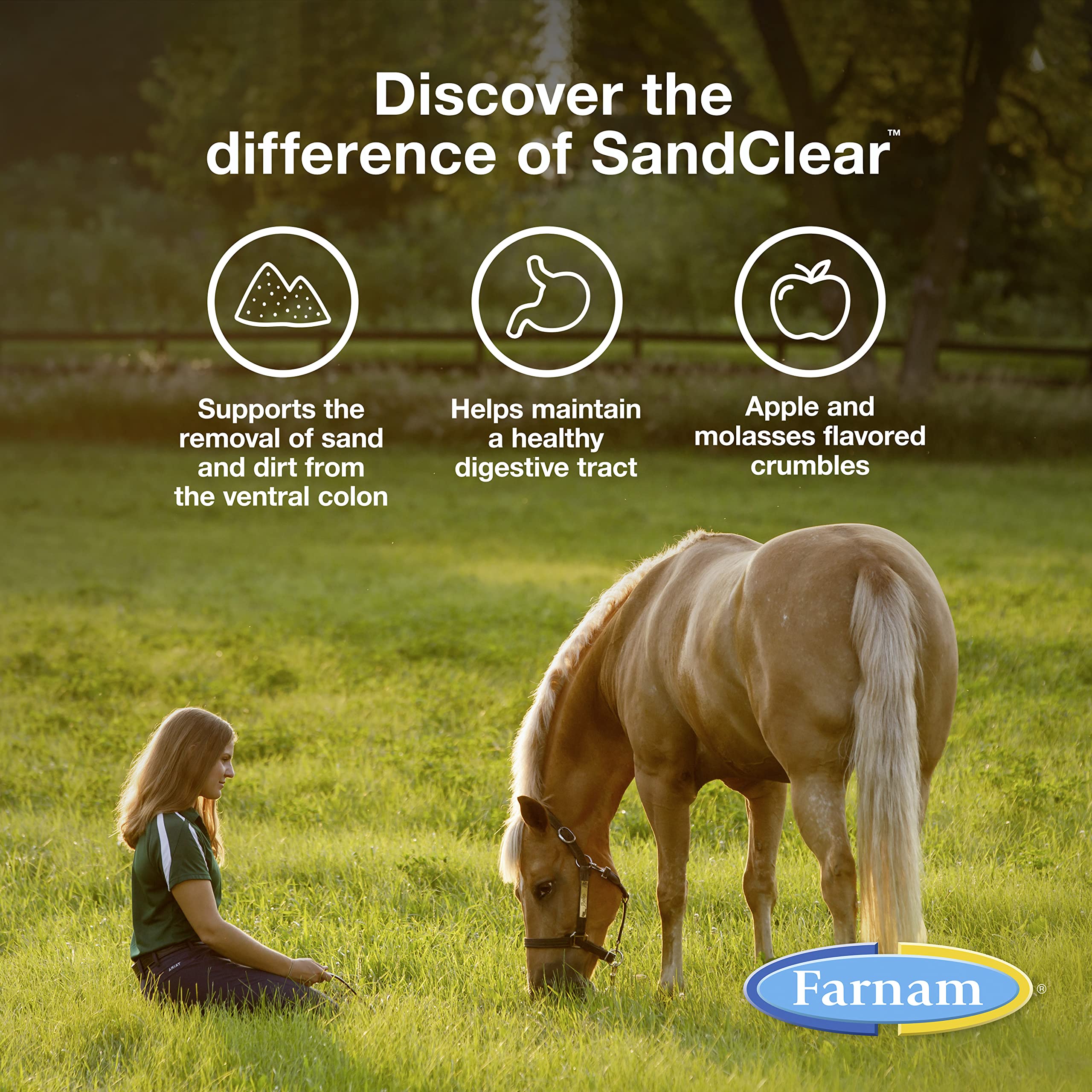 Farnam Sand Clear for Horses Natural Psyllium Crumbles, Veterinarian recommended to support the removal of sand & dirt from the