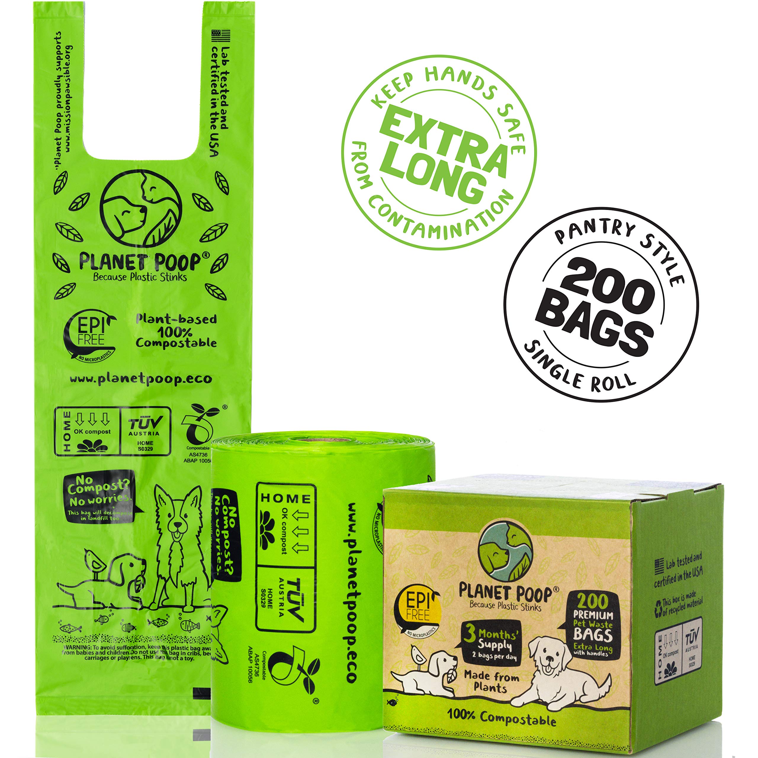 Planet Poop Home Compostable Dog Poop Bags Extra Long With Handles | Large Single Roll 200 Grab & Go | Un-Scented Dog Waste Bag
