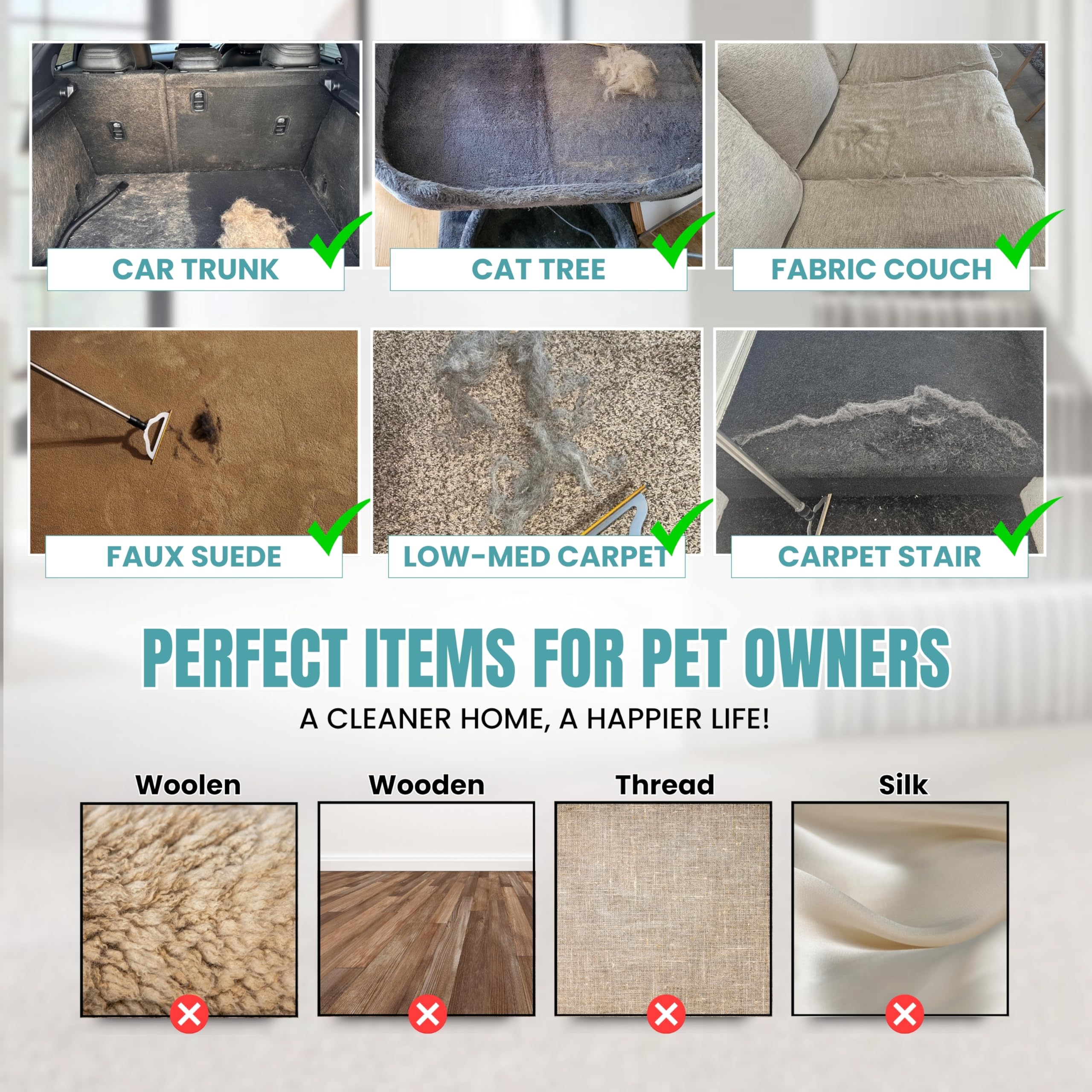 Pet Hair Remover Broom For Low Pile Carpet, Rugs, Stairs - 60'' Adjustable Long Handle Carpet Rake For Pet Hair Removal - Includ