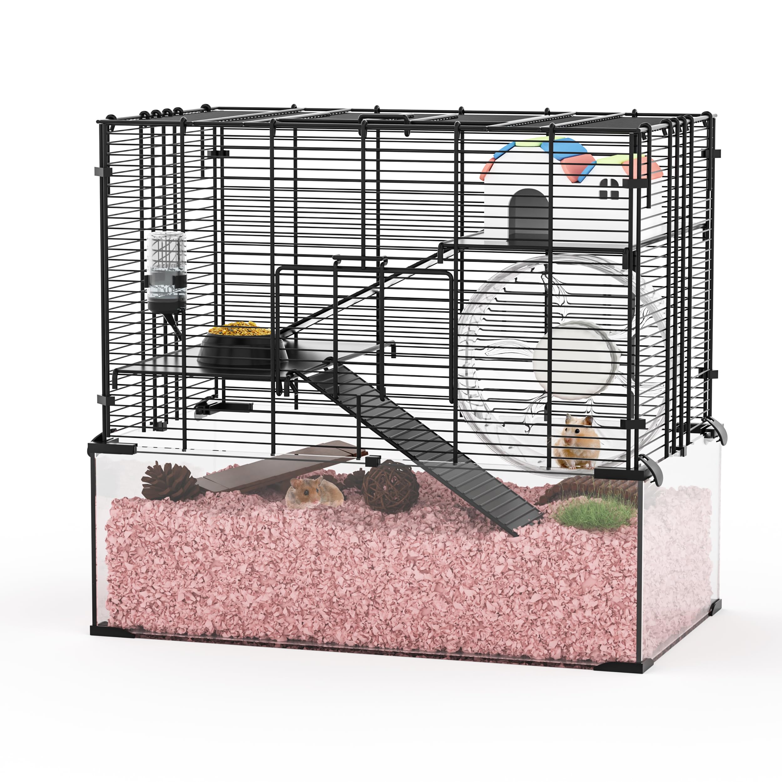 3-Tier Glass Hamster Tank, Large Hamster Cage Habitat With 11Inch Big Running Wheel For Rat, Mouse, Gerbil, Syrian Hamster, 370 