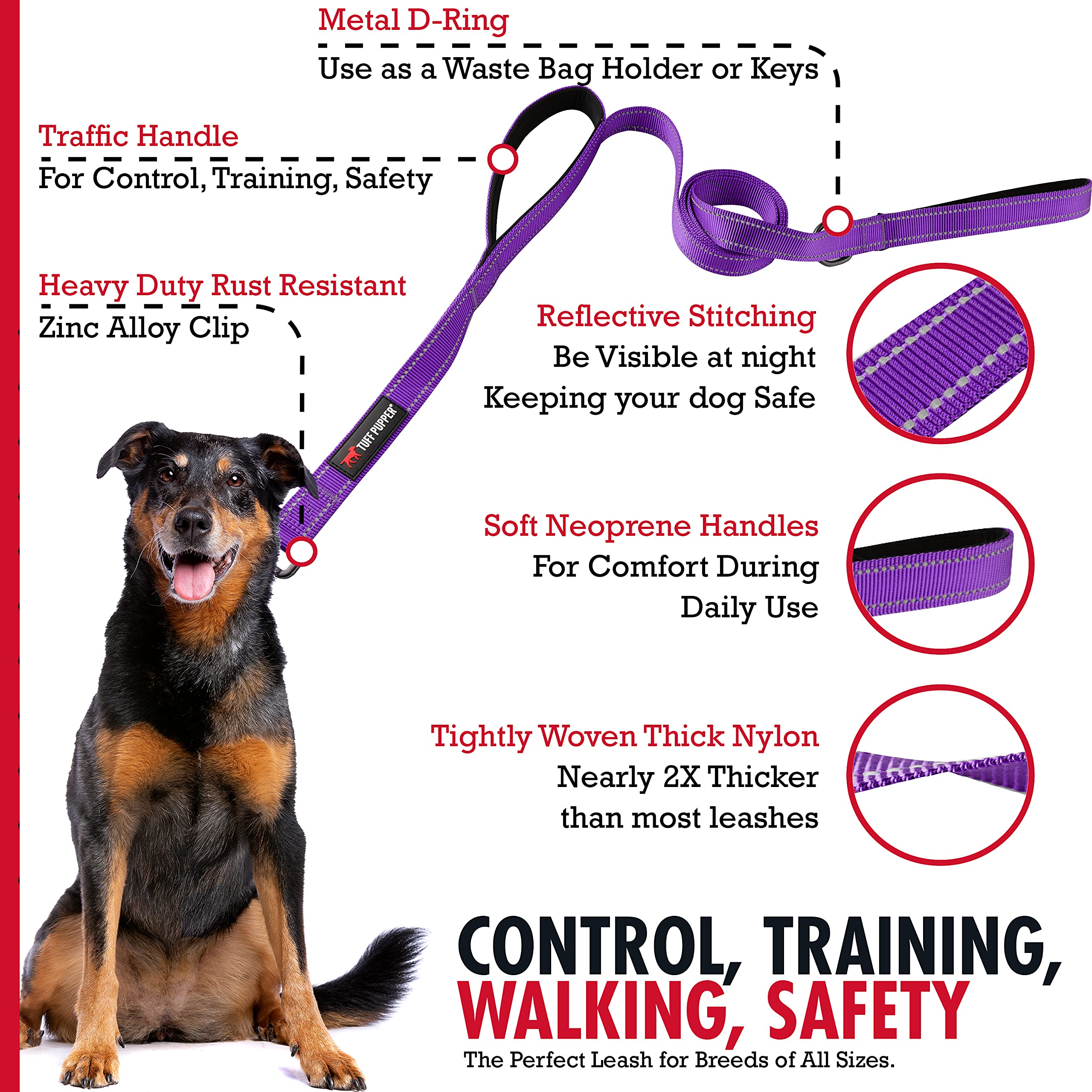 Tuff Pupper Heavy Duty Double Handle Leash | Twist Locking Carabiner Clip | Safety Lock For Strong Dogs | Reflective For Safe Ni