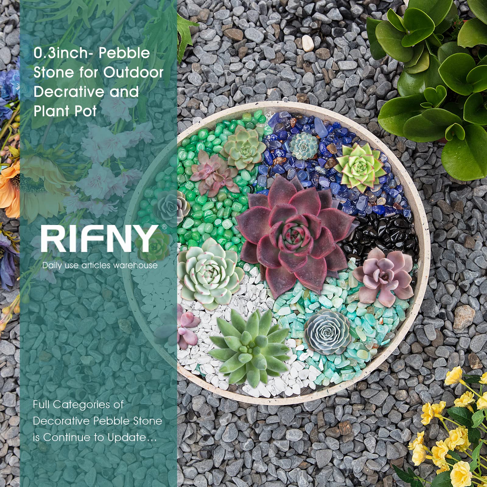 Decorative Polished Rocks, RIFNY 0.3 Gravel Rocks Crushed Crystal for Plant Flower Pots Succulents Cactus Bamboo Plant Vase Fill