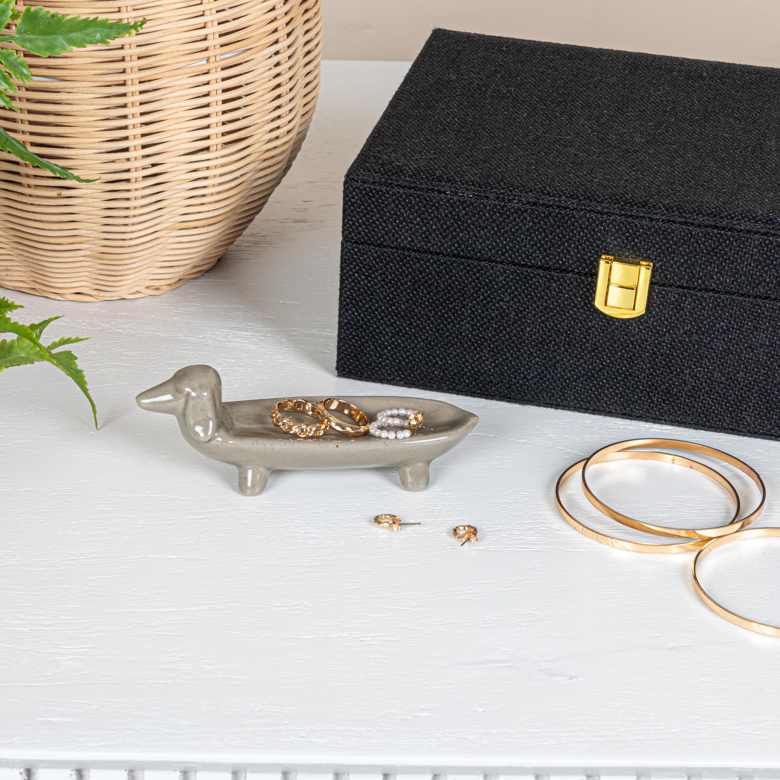 Creative Co-Op Elongated Ceramic Dachshund Dog Dish, Grey