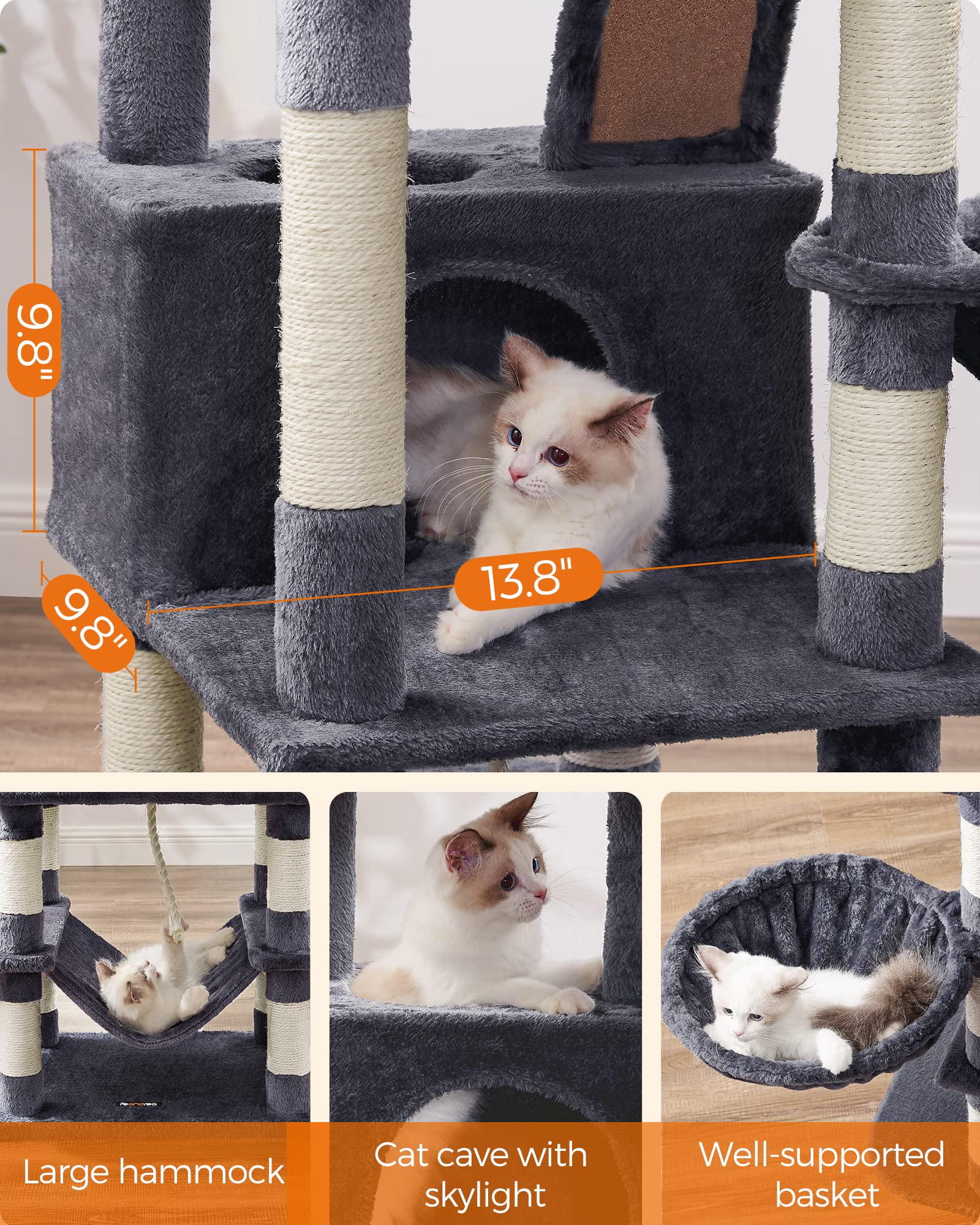 Feandrea Cat Tree, 66.1-Inch Large Cat Tower With 13 Scratching Posts, 2 Perches, 2 Caves, Basket, Hammock, Pompoms, Multi-Level