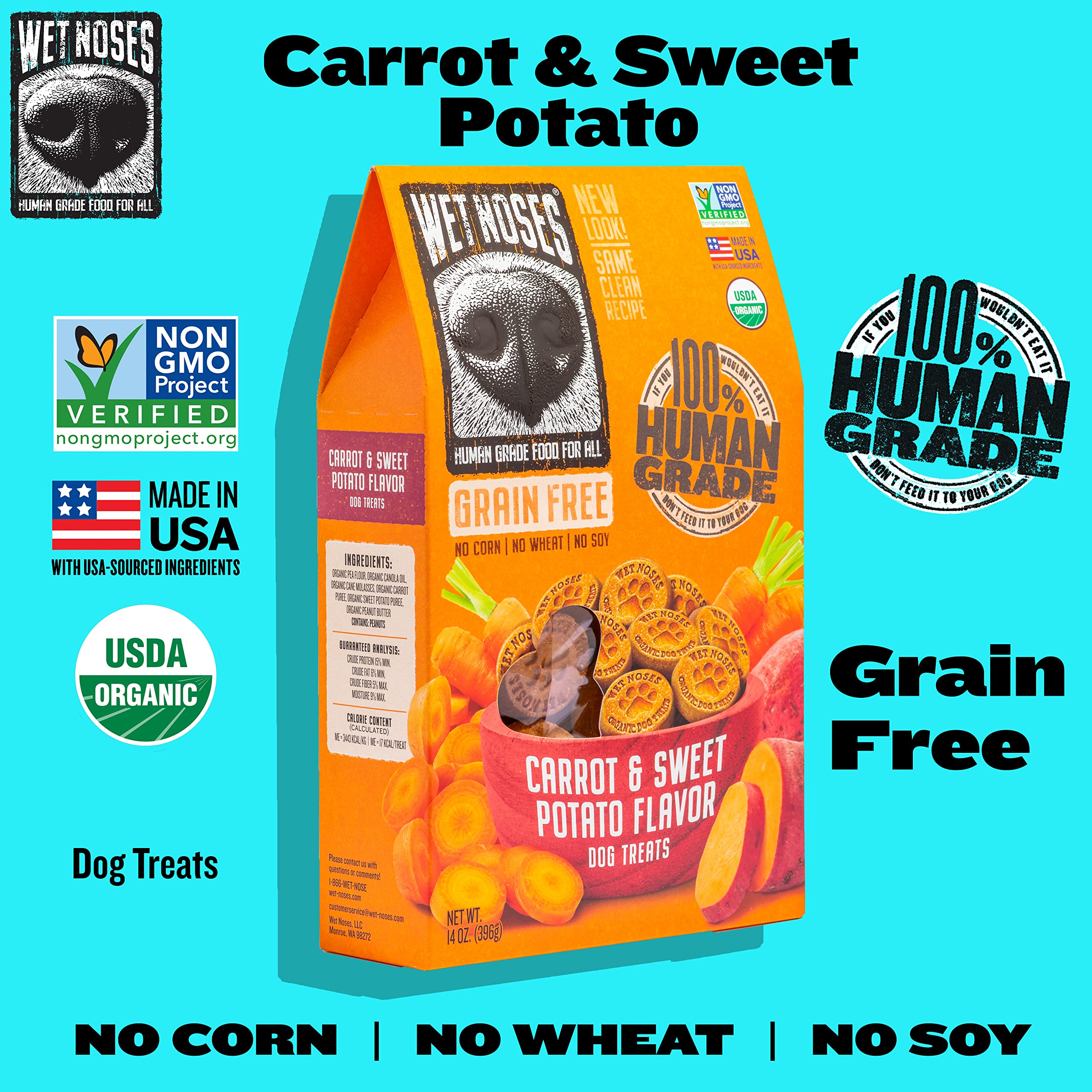 Wet Noses Grain-Free Organic Crunchy Dog Treats - for All Pet Sizes, Breeds - All-Natural Treat - 100% Human-Grade - Delicious S
