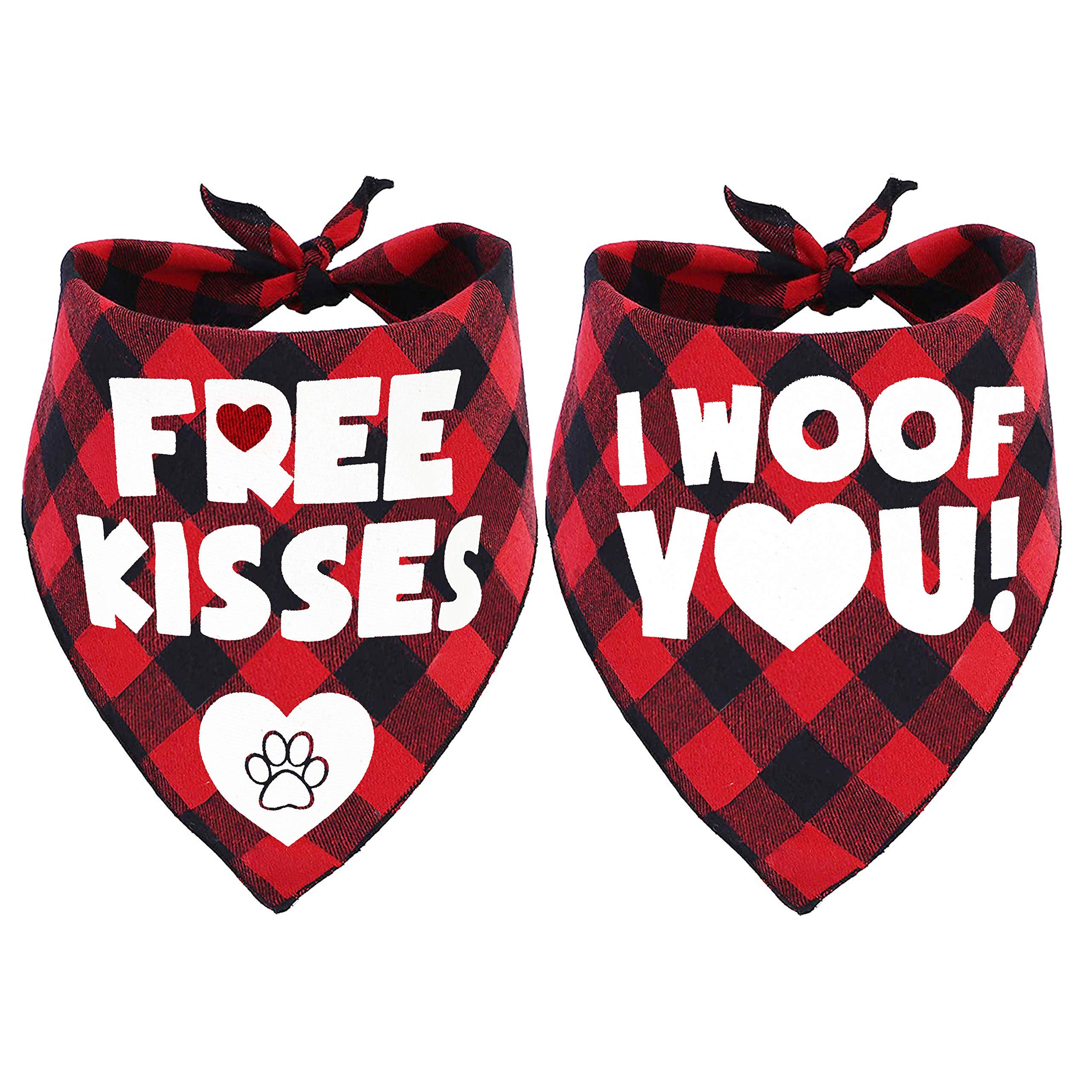 Pohshido 2 Pack Valentine'S Dog Bandana, Holiday Buffalo Plaid Bandana Scarfs For Small Medium Large Dogs Cats Pet Puppies (Free Kisses)