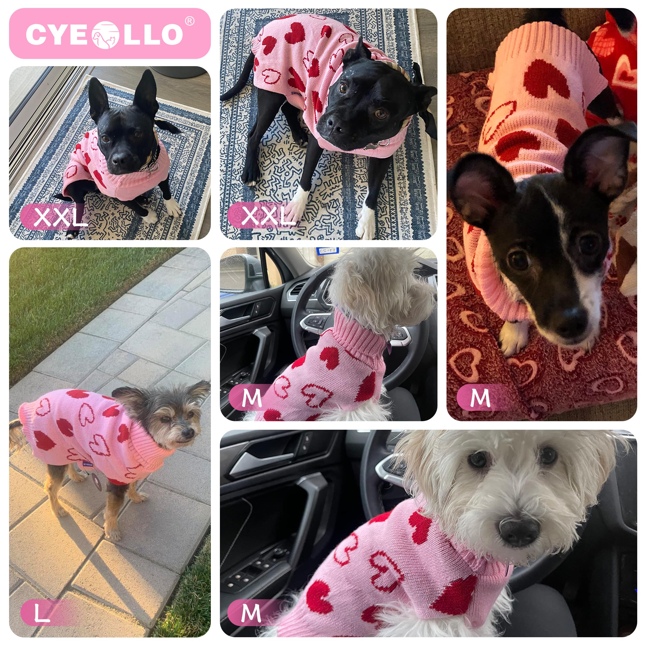 Cyeollo Dog Sweaters For Small Dogs Mothers Day Dog Clothes Heart Pattern Turtleneck With Leash Hole Holiday Outfit Pet Apparel Pullover Sweaters For Dogs Pink