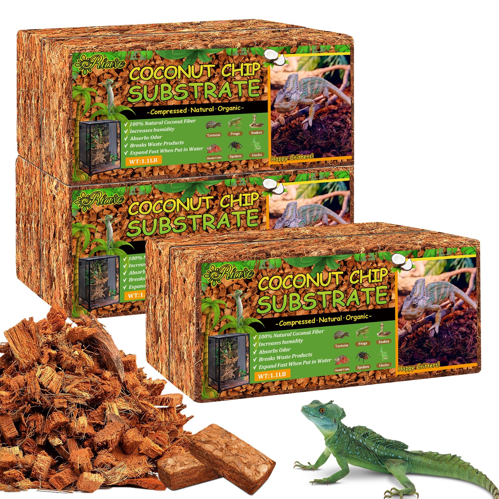 Riare 6 Pack Natural Coconut Chip Substrate for Reptiles- Compressed Coconut Husk Reptiles Bedding, Coco Husk Chip Terrarium Sub