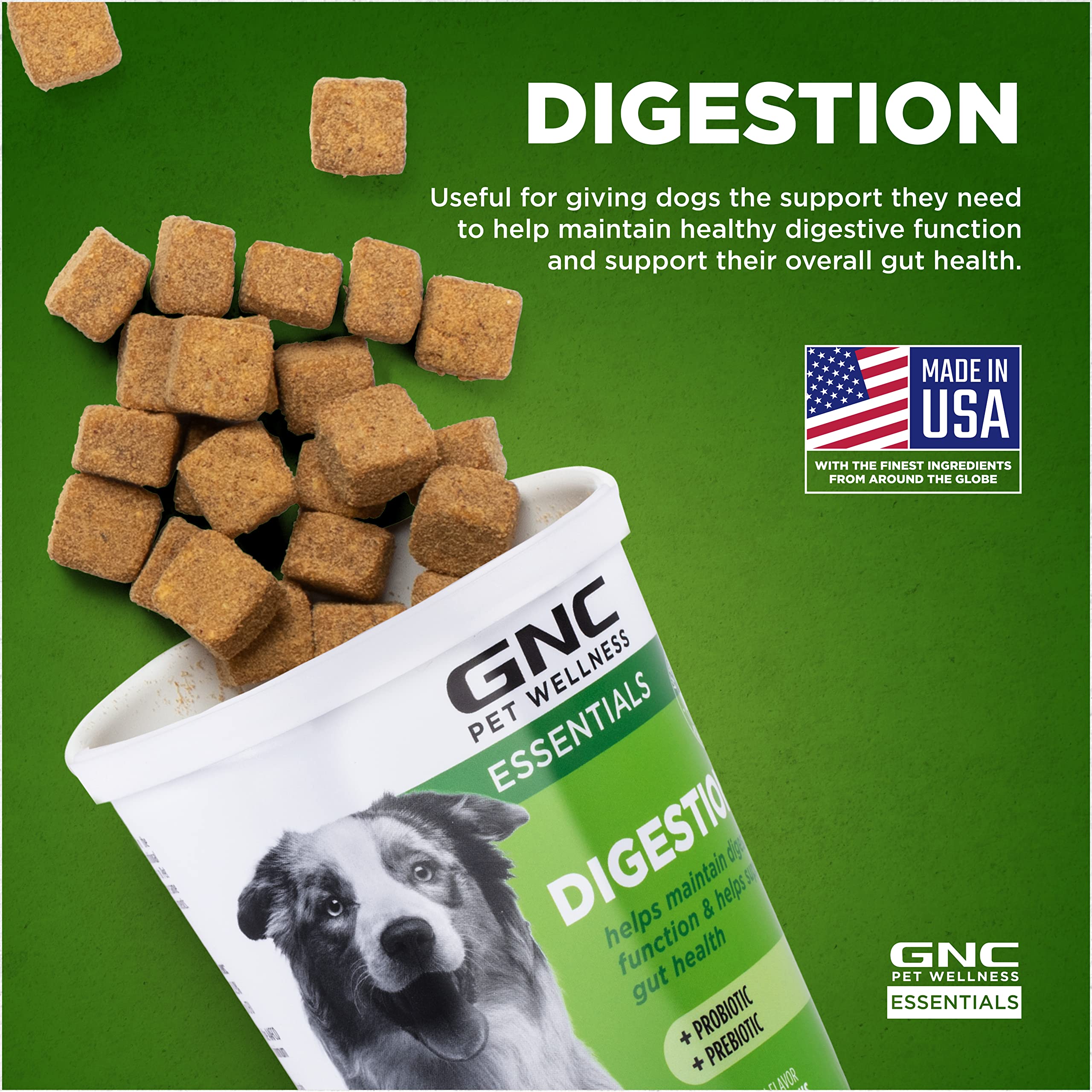 GNC Pets Essentials Digestion Dog Supplements, Probiotic Support Soft Chews in Bacon Flavor for Dogs, Daily Digestion Aid in Reu
