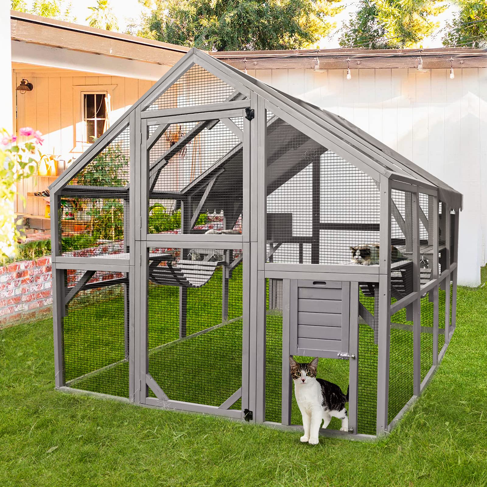 Aivituvin Catio Outdoor Cat Enclosure Large Cat Run With Bridges, Walks, Small Houses, Roof Cover 110'