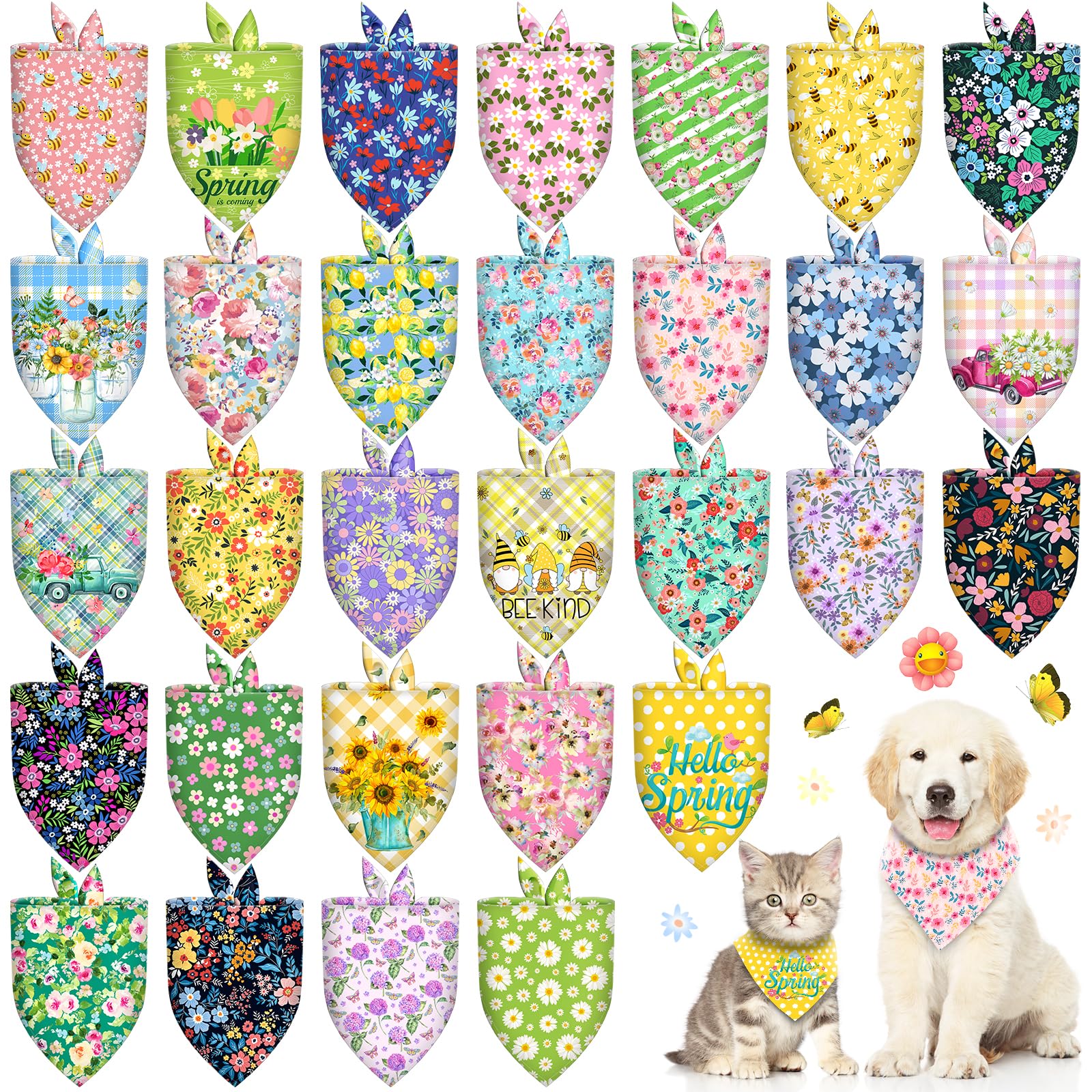 30 Pcs Spring Summer Dog Bandanas Bulk Floral Pet Scarves Bibs Adjustable Puppy Bandanas Girl Washable Flower Puppy Grooming Ban