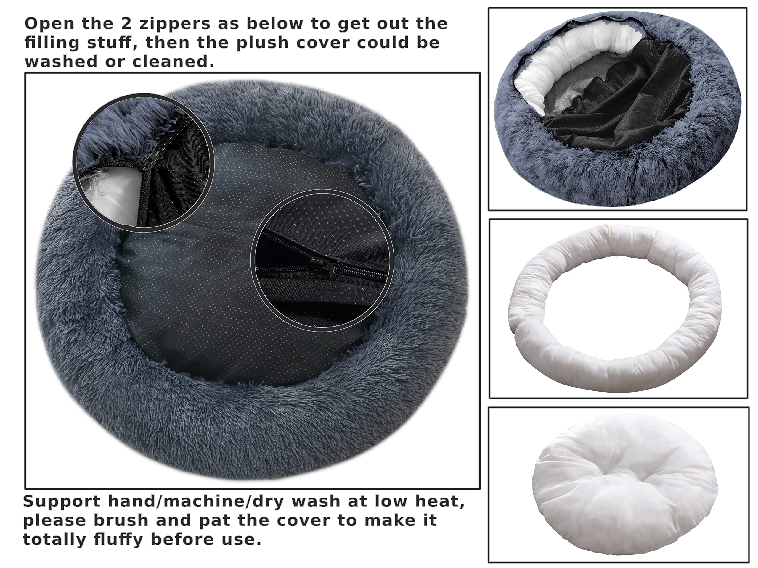 Comlax Calming Donut Dog Beds, 39 Inches Round Cushion With Removable Washable Cover, Anti-Anxiety Faux Fur Cuddler, Fluffy Comf