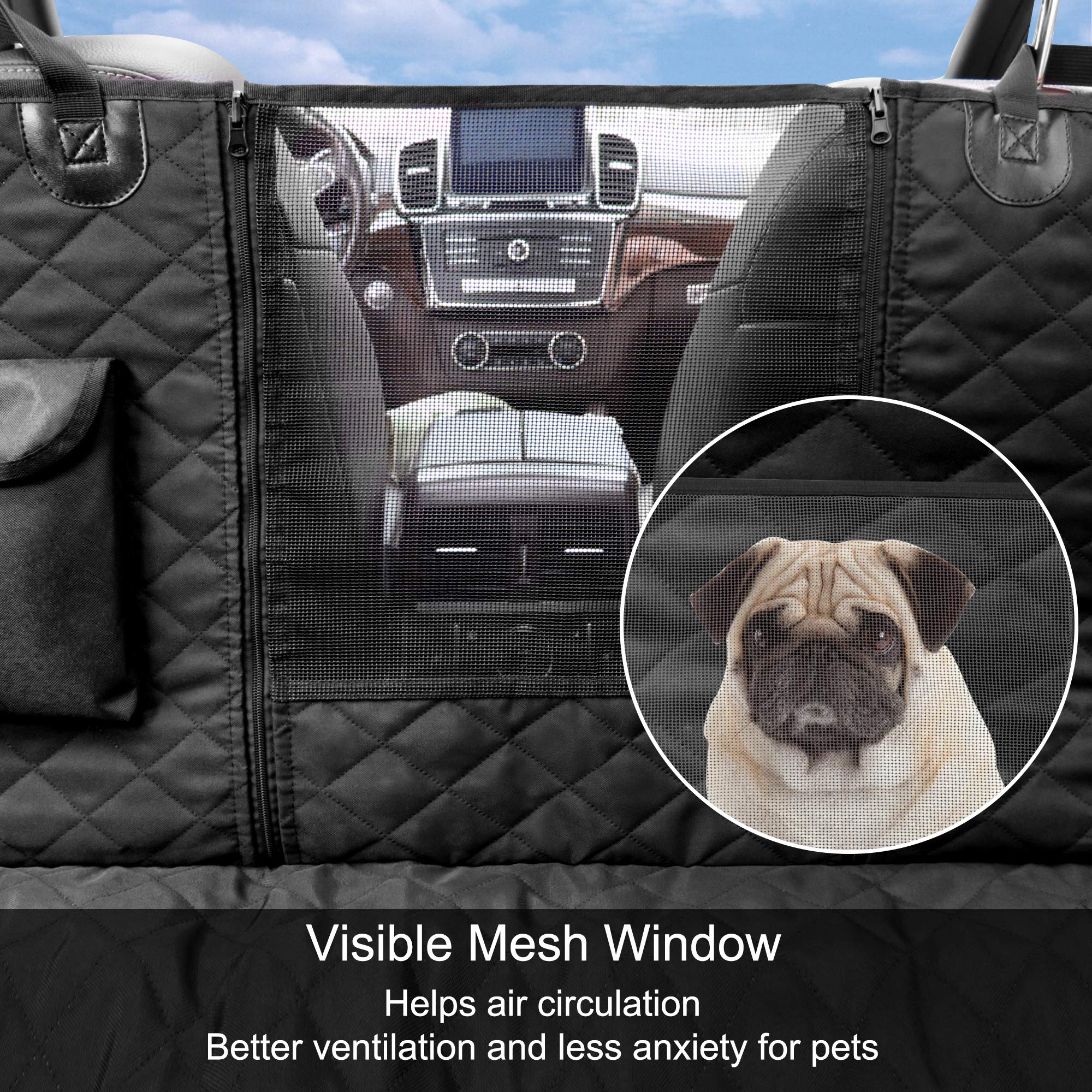 Femuar Dog Car Seat Cover with Storage Pockets Mesh Visual Window, Waterproof Nonslip , Heavy Duty Scratchproof Pet Dog Back Sea