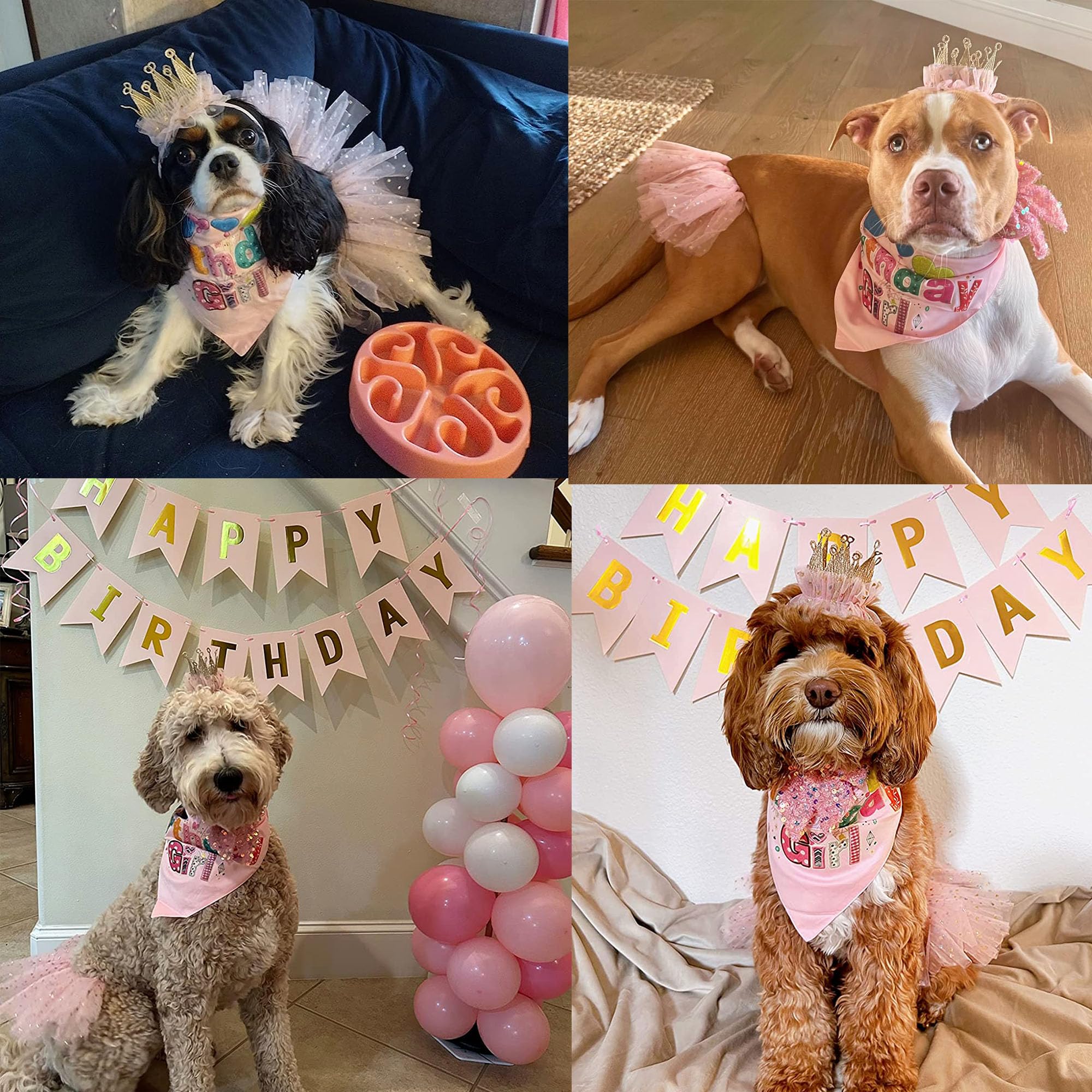 Adoggygo Dog Birthday Hat Bandana Girl - Pet Birthday Party Supplies - Pink Tutu Hat Scarf Bow Banner Set For X-Large Dogs (X-La