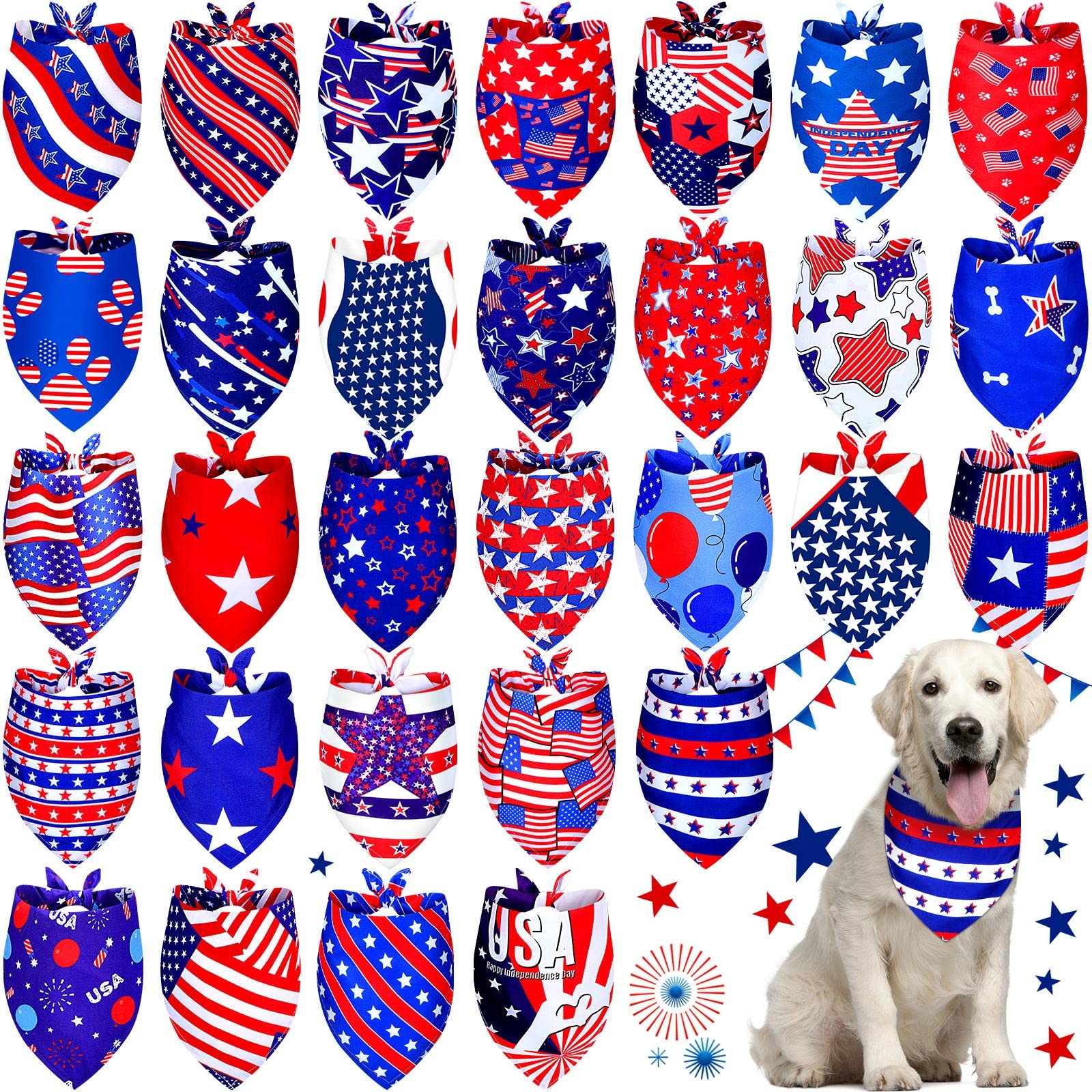 Loopeer 30 Pcs 4Th Of July Dog Bandanas Bulk For Dogs Memorial Day Dog Bandanas Gifts Independence Day Patriotic Star Bandanas N