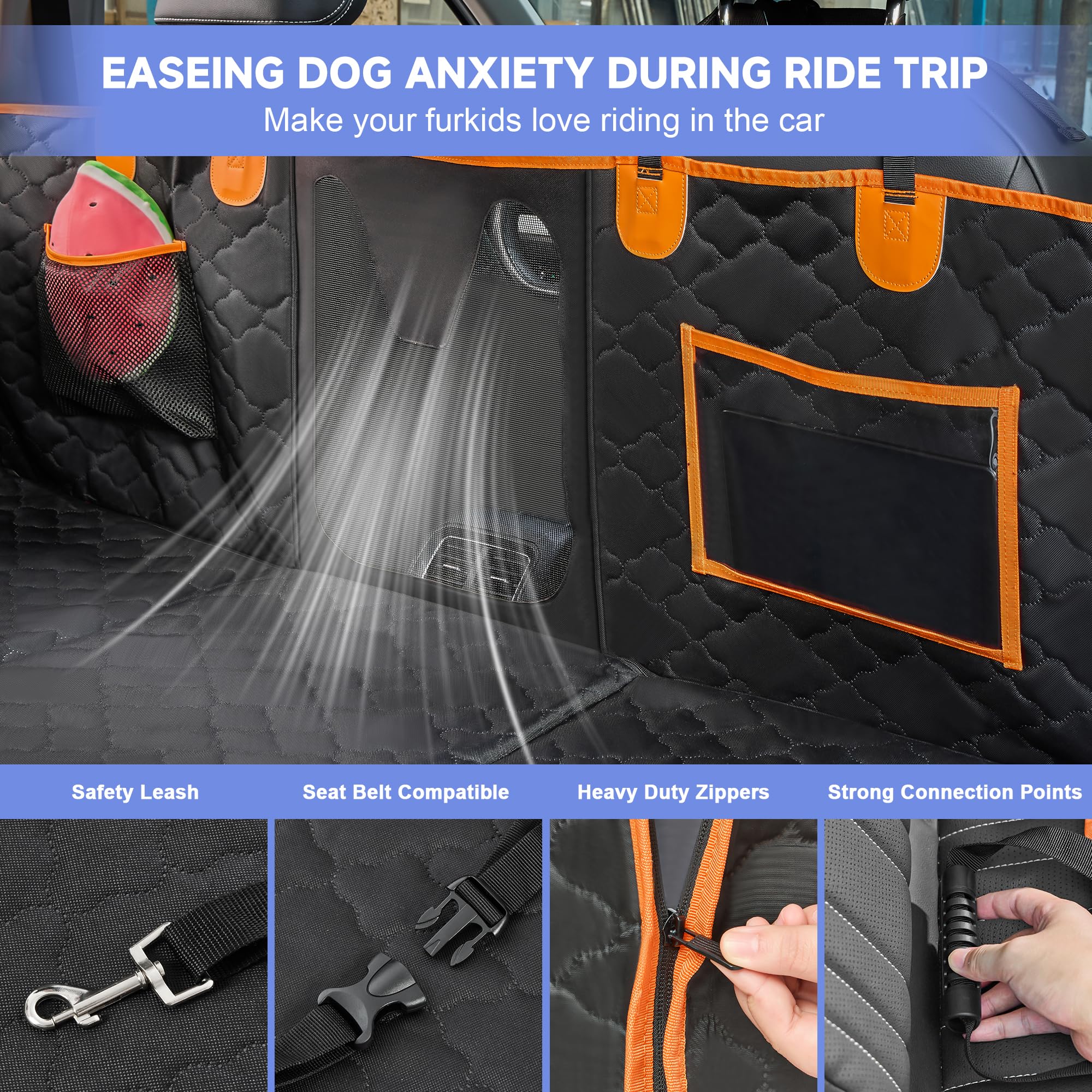 Spacocld Dog Car Seat Cover For Back Seat - Hard Bottom Extender Holds Up To 400 Lbs, Waterproof Protector With Mesh Window, Dog