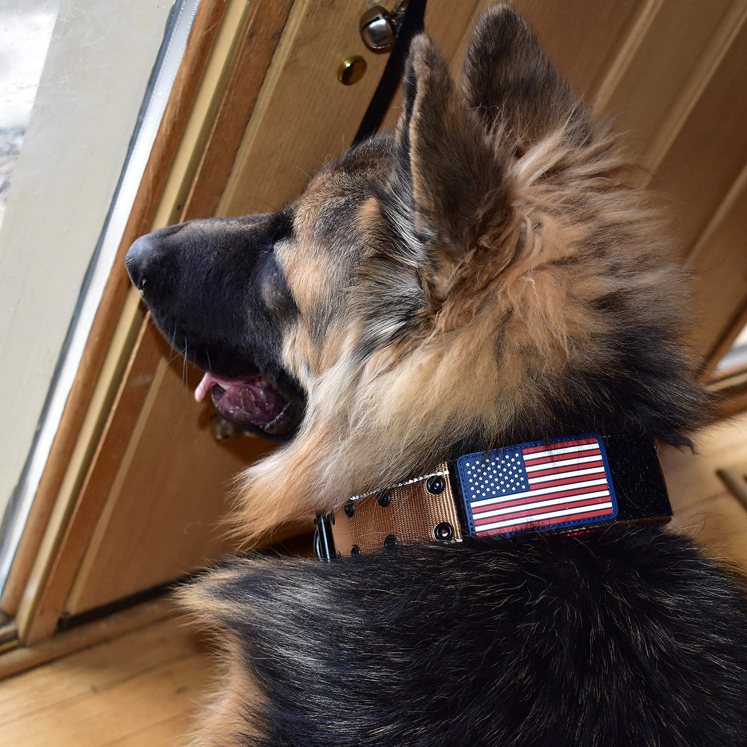 2 Personalized Tactical Dog Collar - Wide Thick Military Style with Strong Belt Buckle Closure - American Flag Patch - Reflectiv