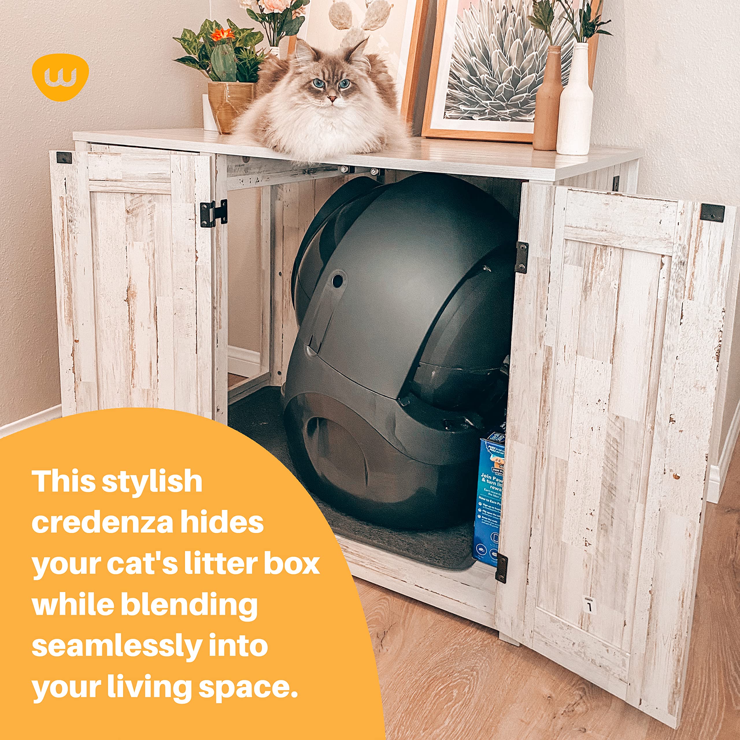 Whisker Litter-Robot Credenza With Litter Box Enclosure, Rustic White Plank Finish, 43.2    W X 28.1    D X 33.1    H, Stylish A