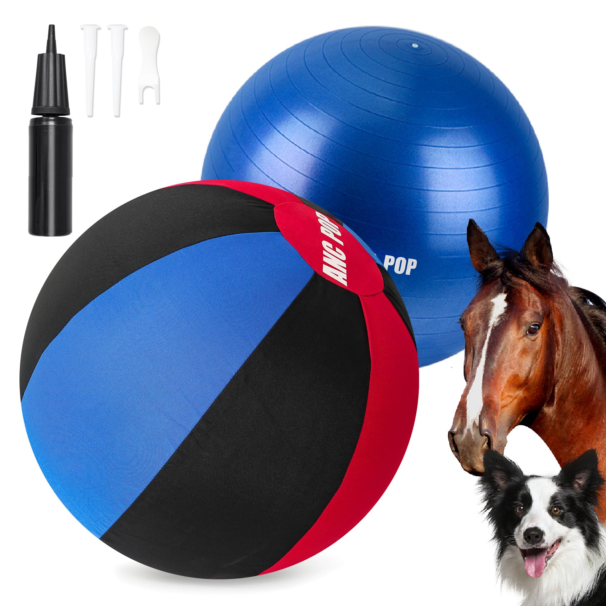Anc Pop Herding Ball For Dogs Horse Ball& Cover 25'' For Horses Large With Hand Pump For Play, Red And Blue And Black