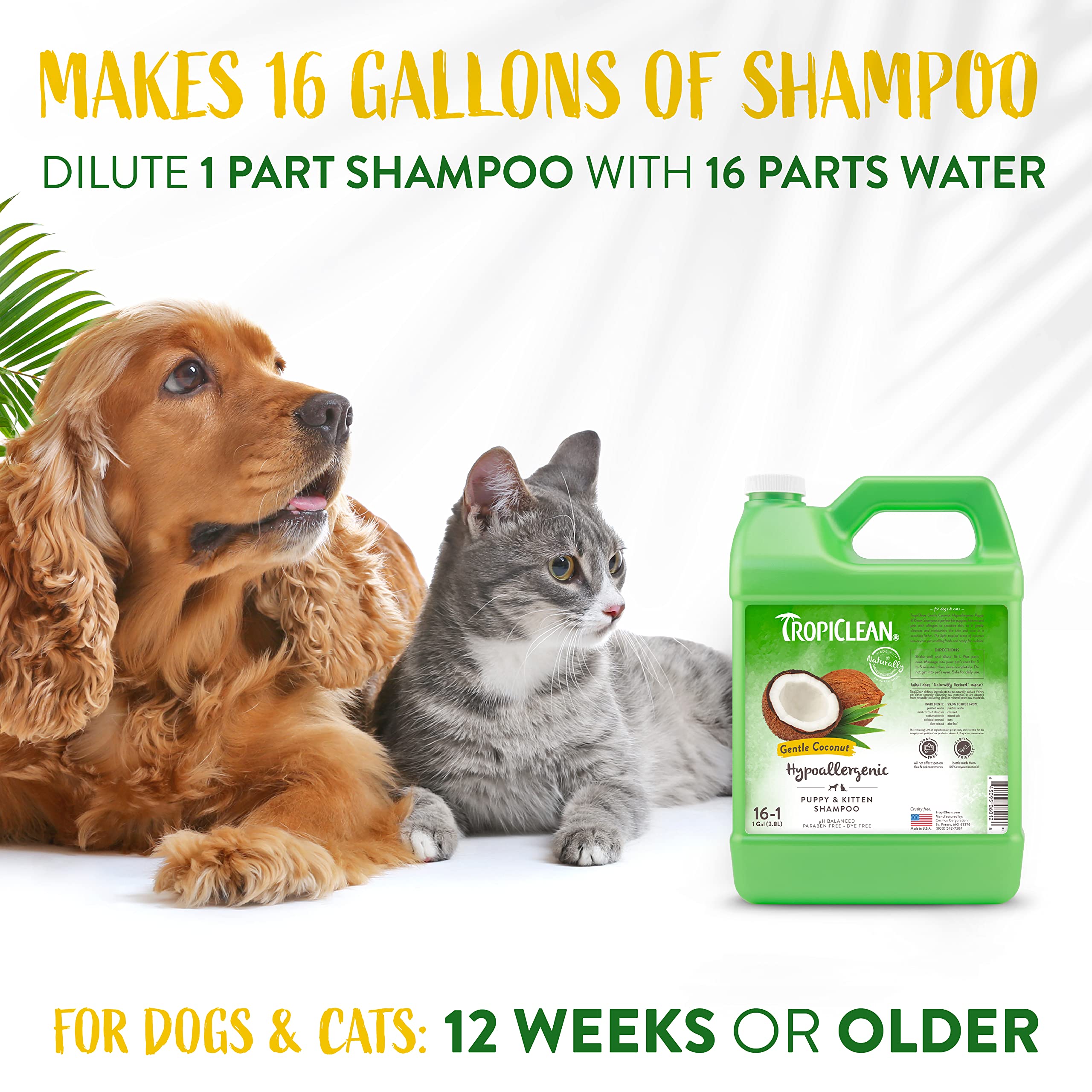 TropiClean Coconut Hypoallergenic Dog Shampoo - Gentle Puppy Shampoo, 1 Gallon, Kitten Friendly, Natural Ingredients, Made in the USA