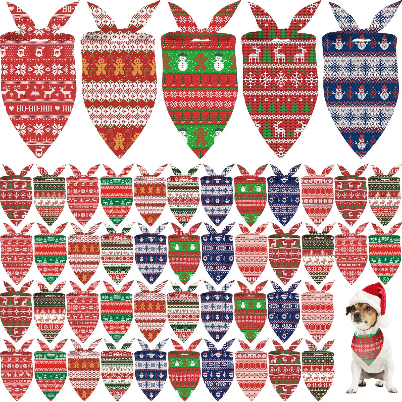 Weewooday 50 Pcs Christmas Bandanas for Dogs Xmas Bandanas Bulk with Ugly Sweater Patterns Soft Bibs Adjustable Triangle Doggie 