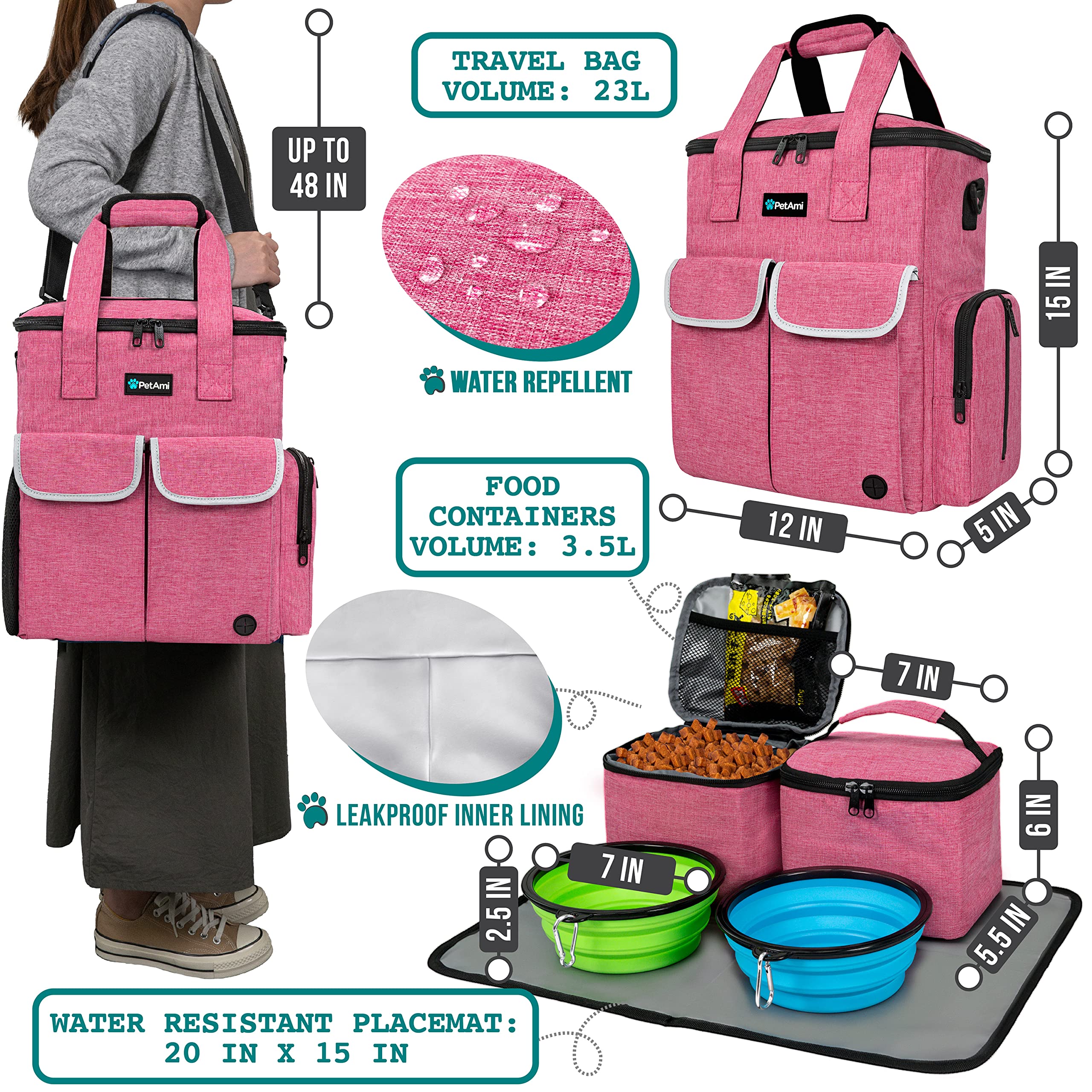 PetAmi Dog Travel Bag Pet Supplies Accessories Organizer for Traveling, Camping, Weekend; Cat Pet Travel Bag Kit Includes 2 Food