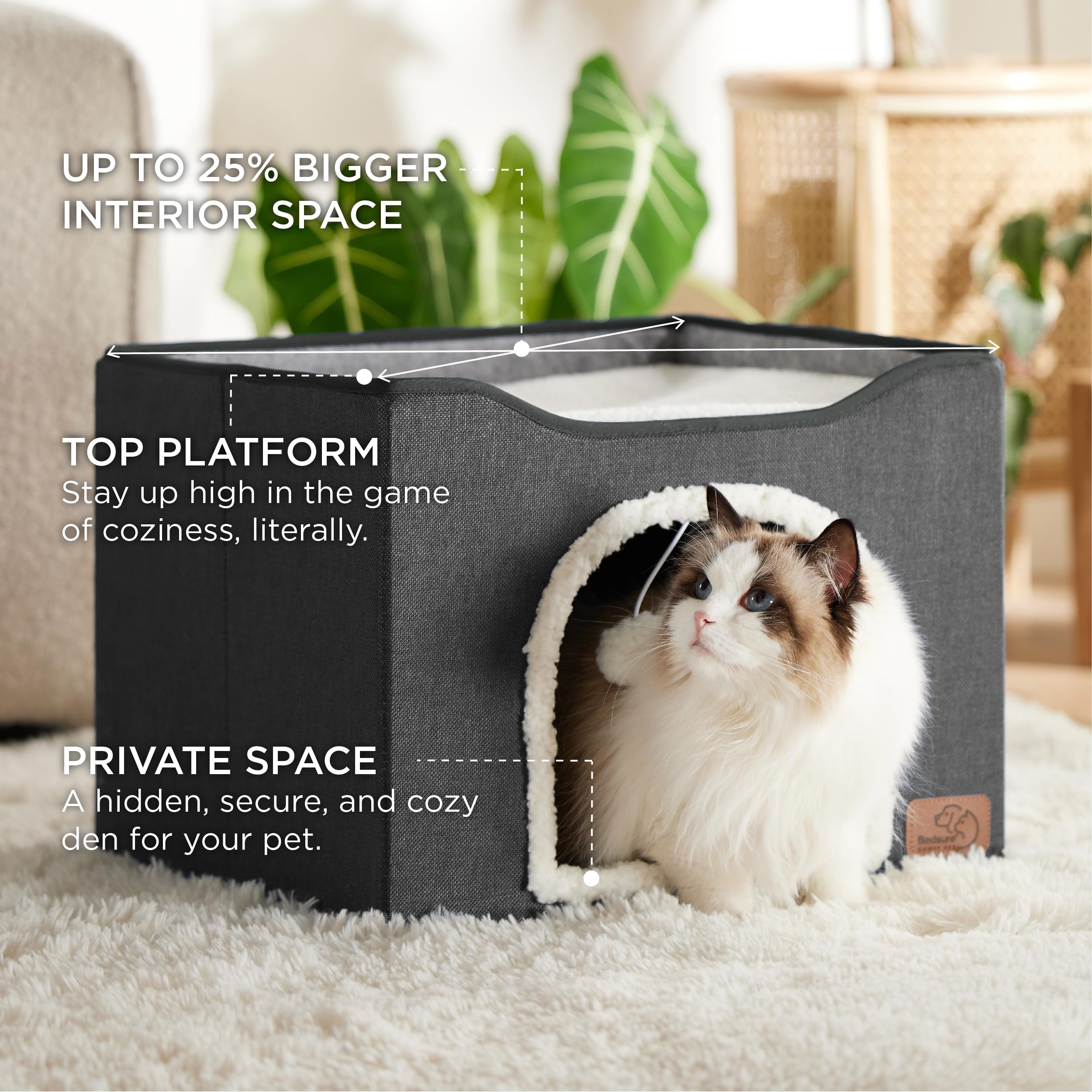 Bedsure Cat Beds For Indoor Cats - Large Cat Cave For Pet Cat House With Fluffy Ball Hanging And Scratch Pad, Foldable Cat Hideaway,16.5X16.5X13 Inches, Dark Grey